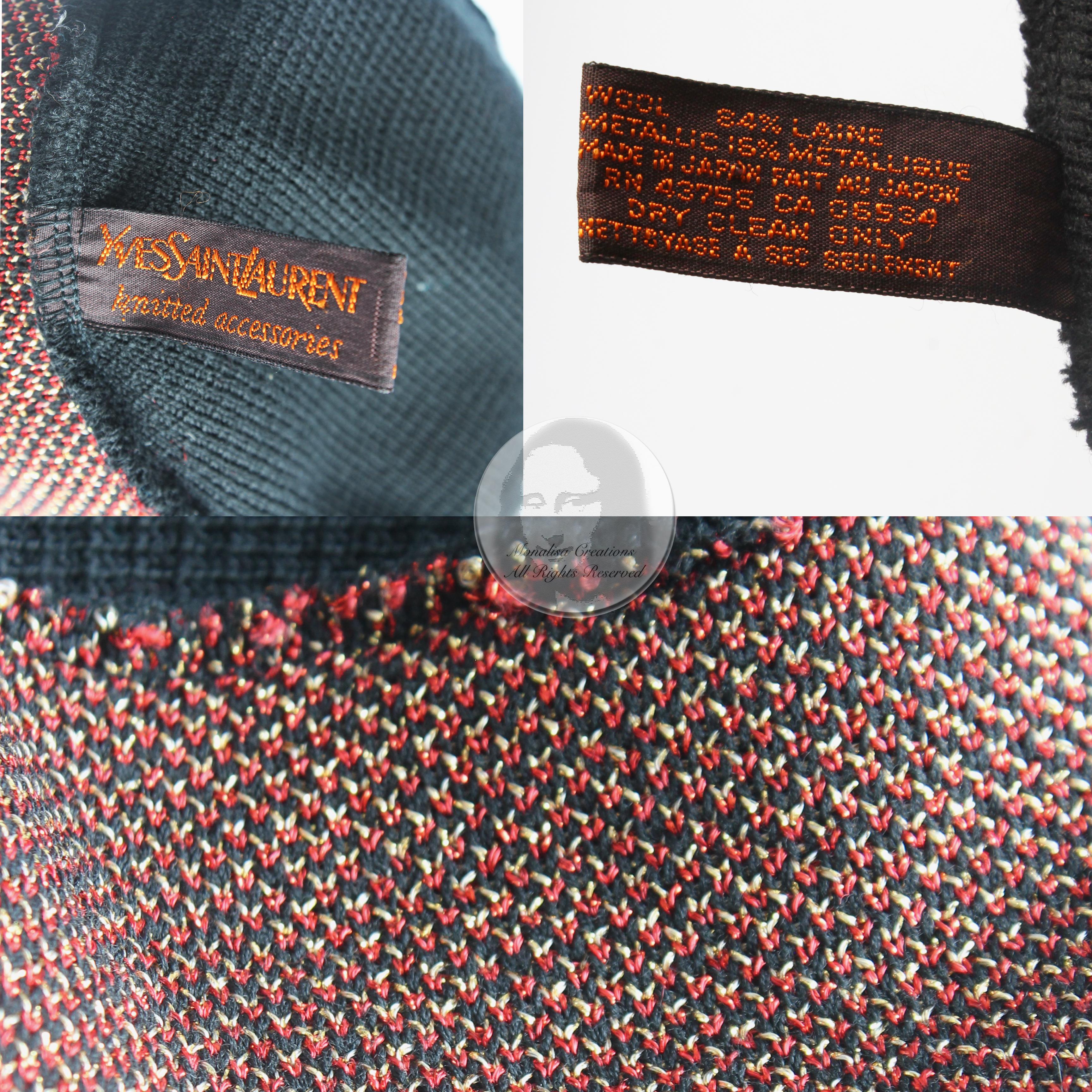 Vintage Yves Saint Laurent Knit Hat Cap Black Gold Red Metallic Paisley Rare  10
