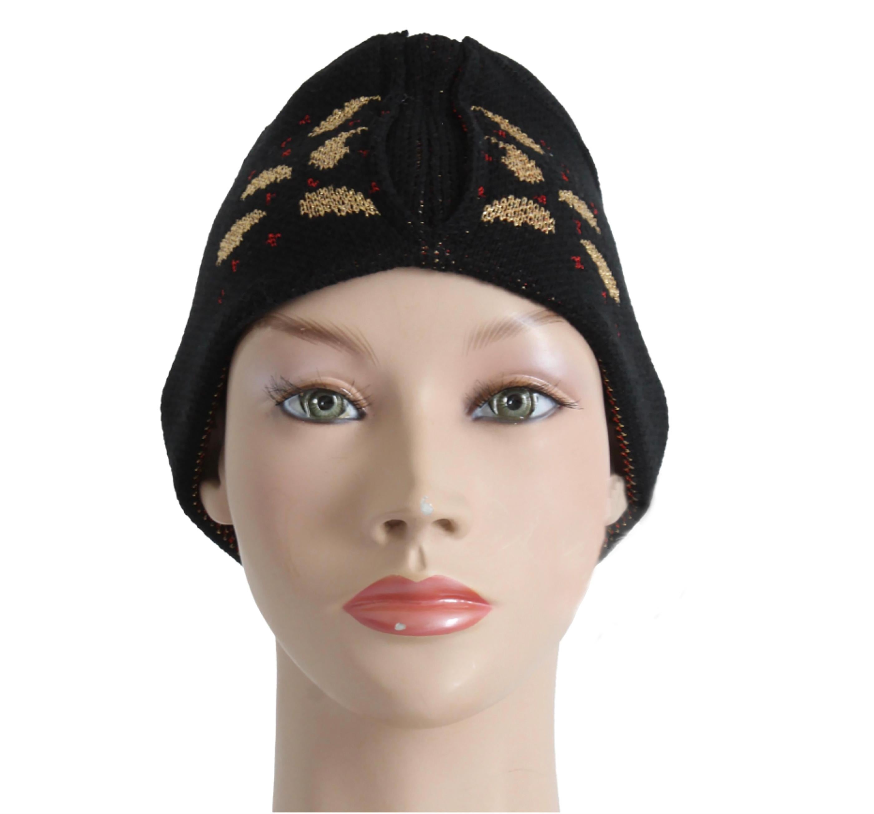 Women's or Men's Vintage Yves Saint Laurent Knit Hat Cap Black Gold Red Metallic Paisley Rare For Sale