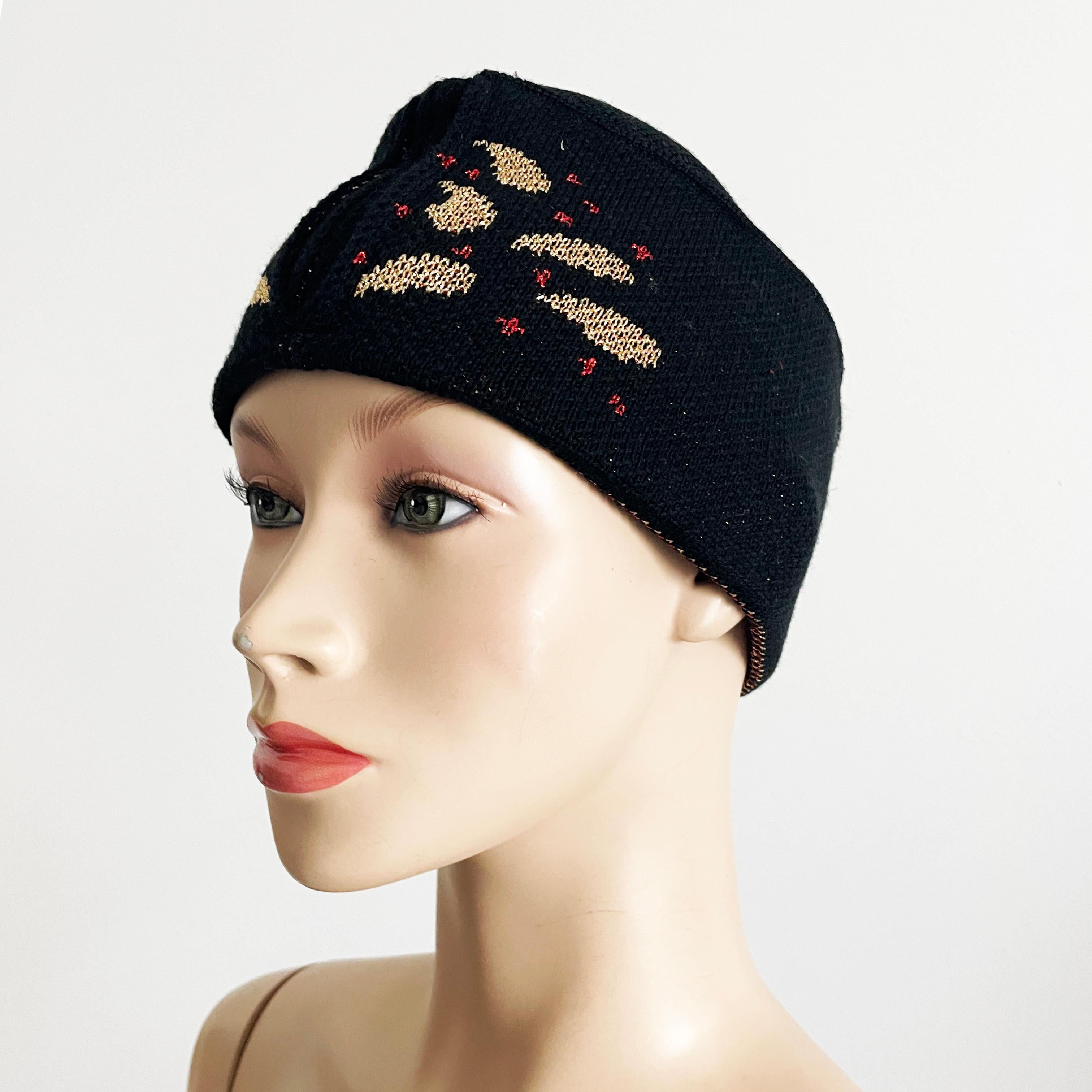 Vintage Yves Saint Laurent Knit Hat Cap Black Gold Red Metallic Paisley Rare For Sale 1