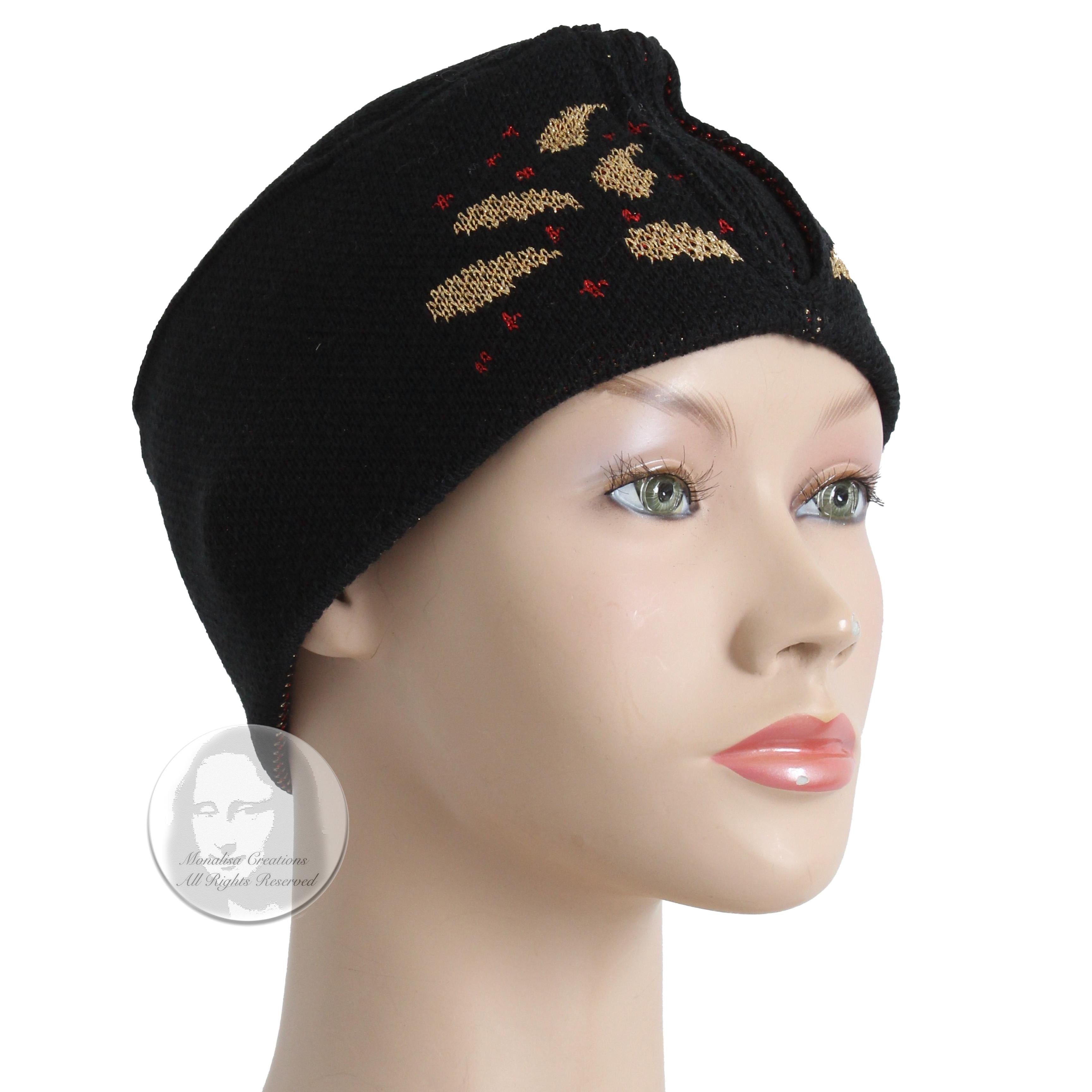 Vintage Yves Saint Laurent Knit Hat Cap Black Gold Red Metallic Paisley Rare  In Good Condition For Sale In Port Saint Lucie, FL
