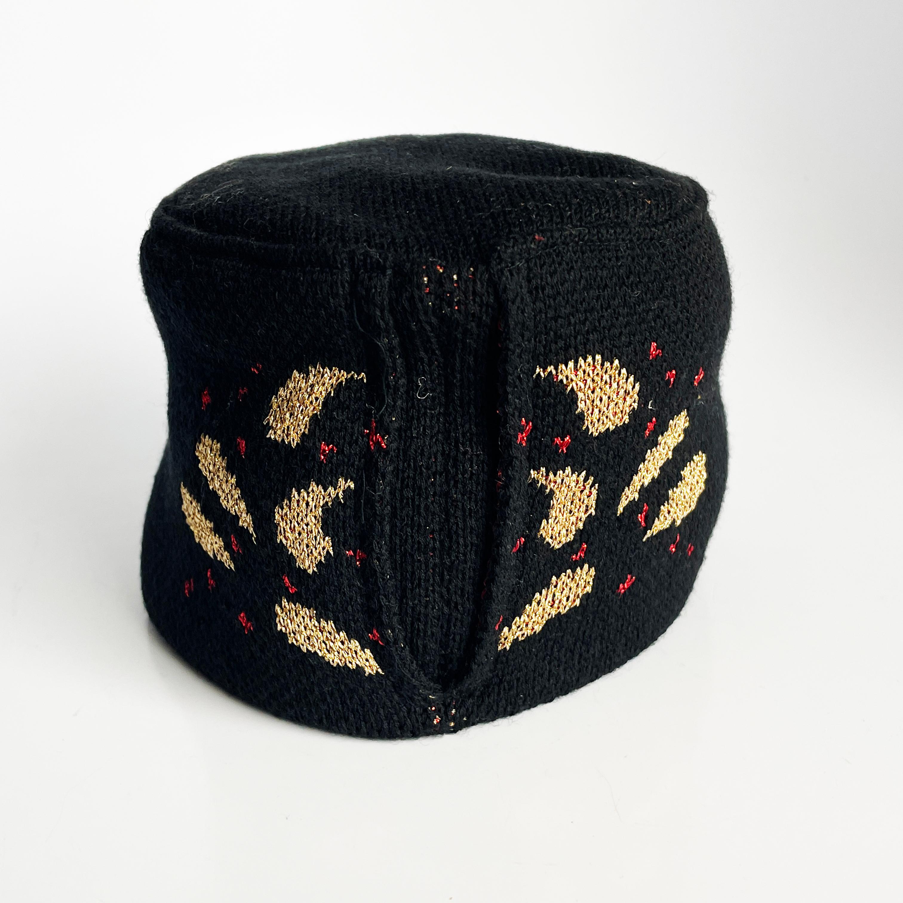 Vintage Yves Saint Laurent Knit Hat Cap Black Gold Red Metallic Paisley Rare For Sale 2