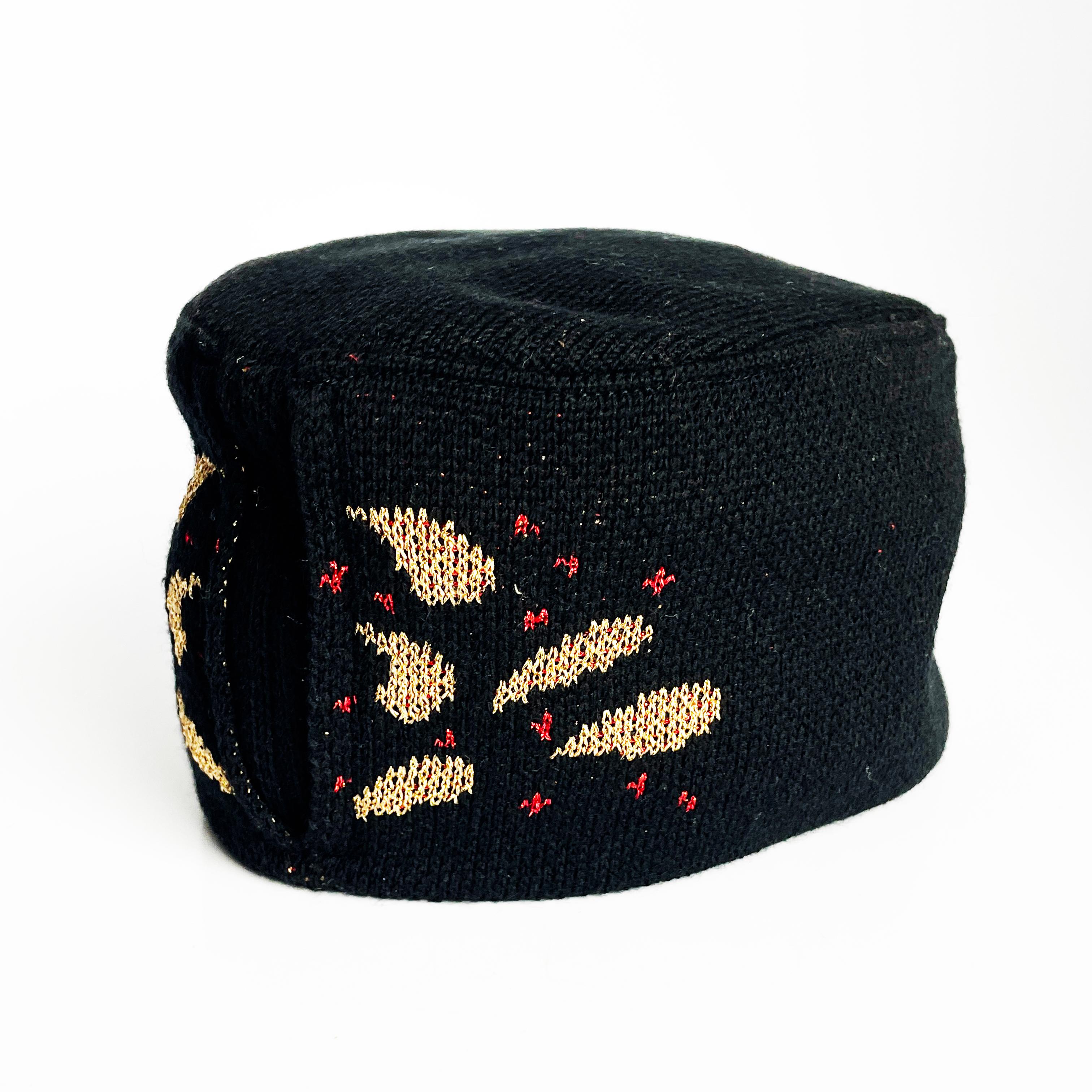 Vintage Yves Saint Laurent Knit Hat Cap Black Gold Red Metallic Paisley Rare For Sale 3