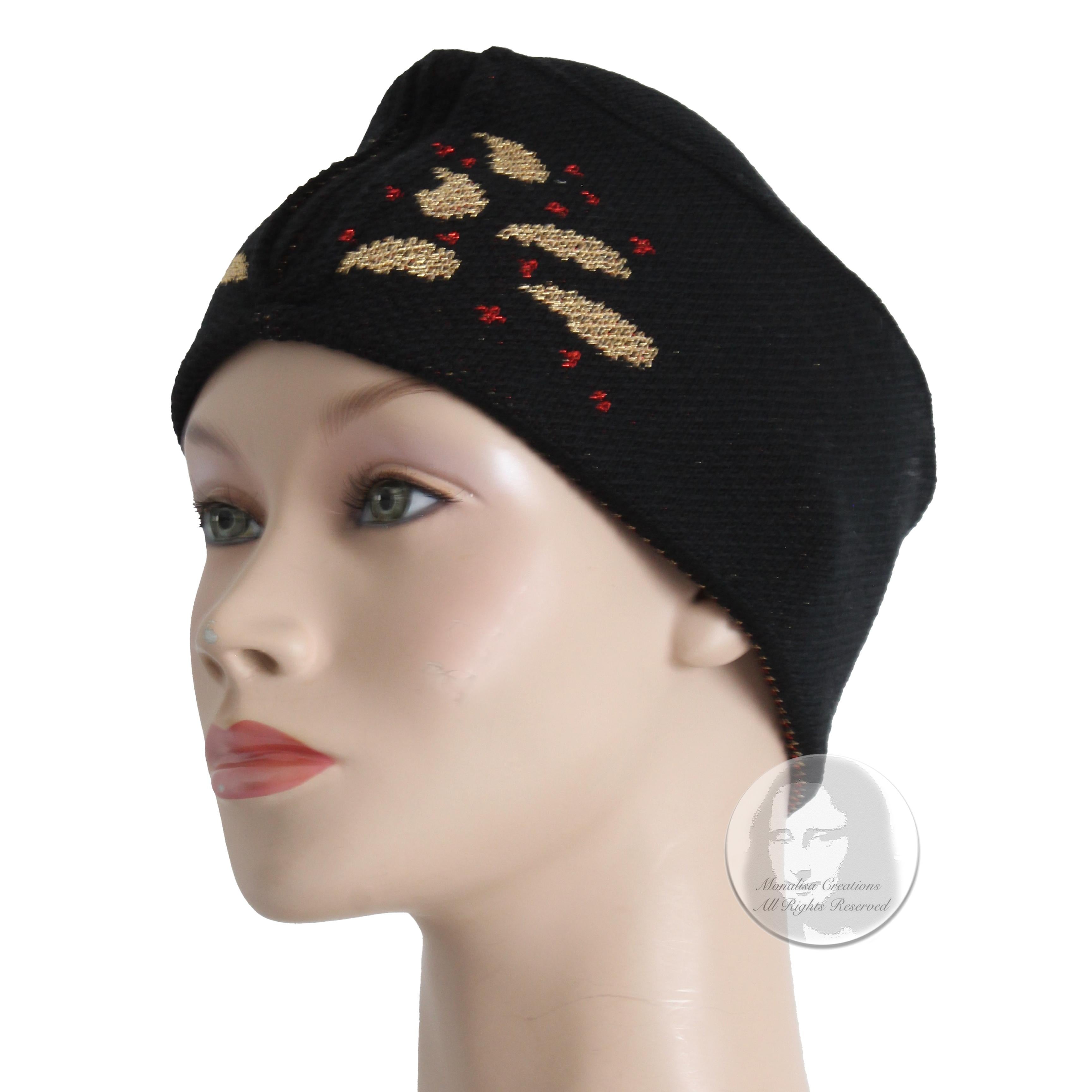 Vintage Yves Saint Laurent Knit Hat Cap Black Gold Red Metallic Paisley Rare  For Sale 1