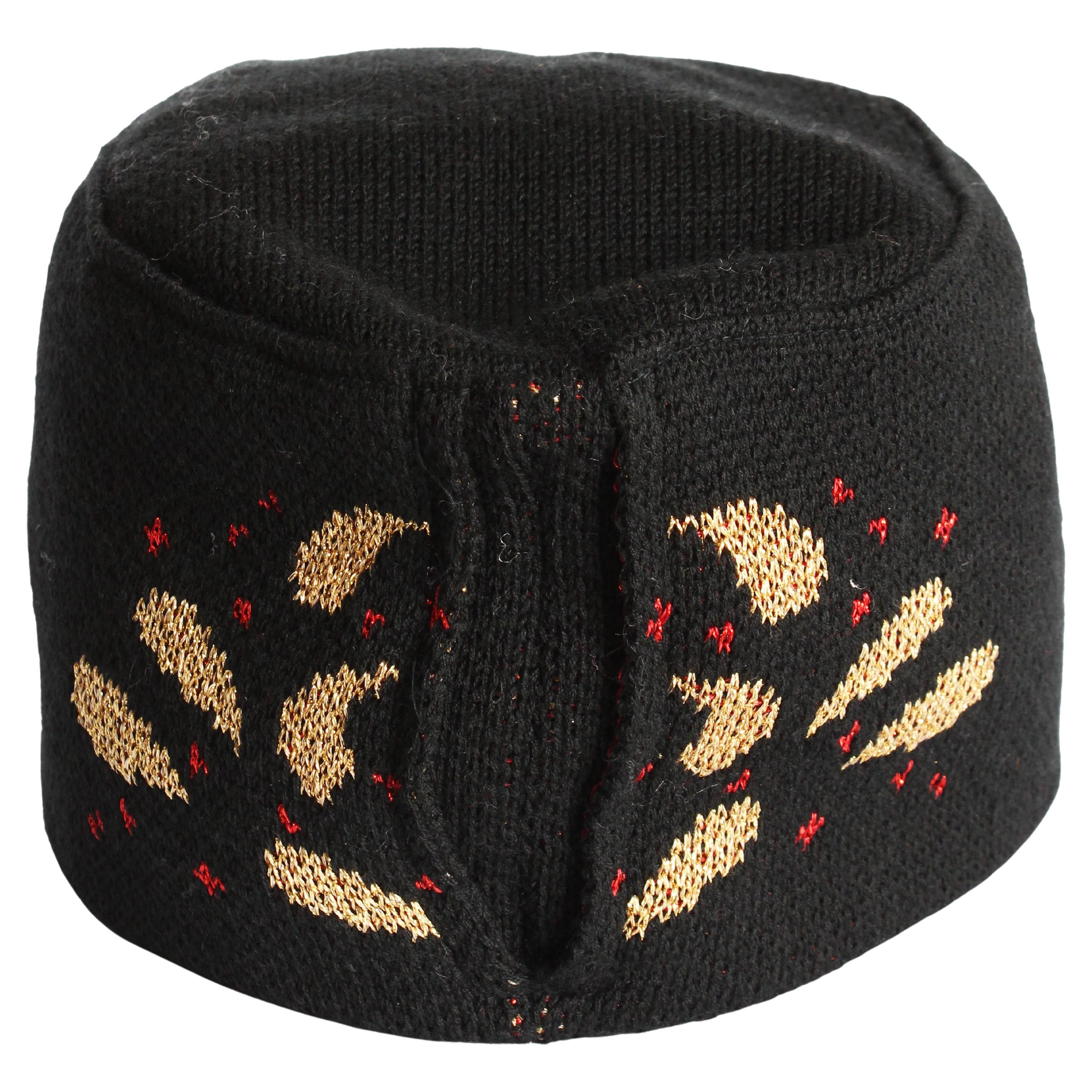 Vintage Yves Saint Laurent Knit Hat Cap Black Gold Red Metallic Paisley Rare 
