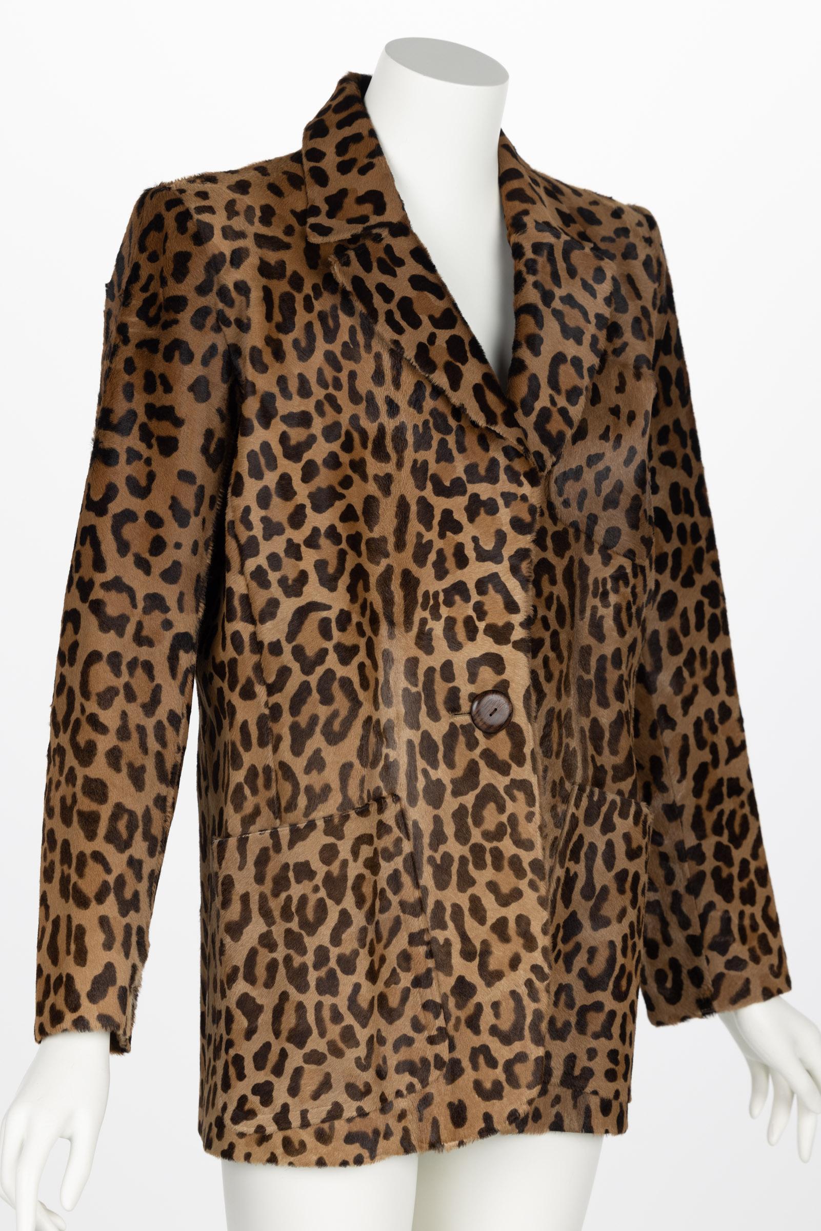 Brown Vintage Yves Saint Laurent Leopard Print Pony Fur Blazer Jacket YSL