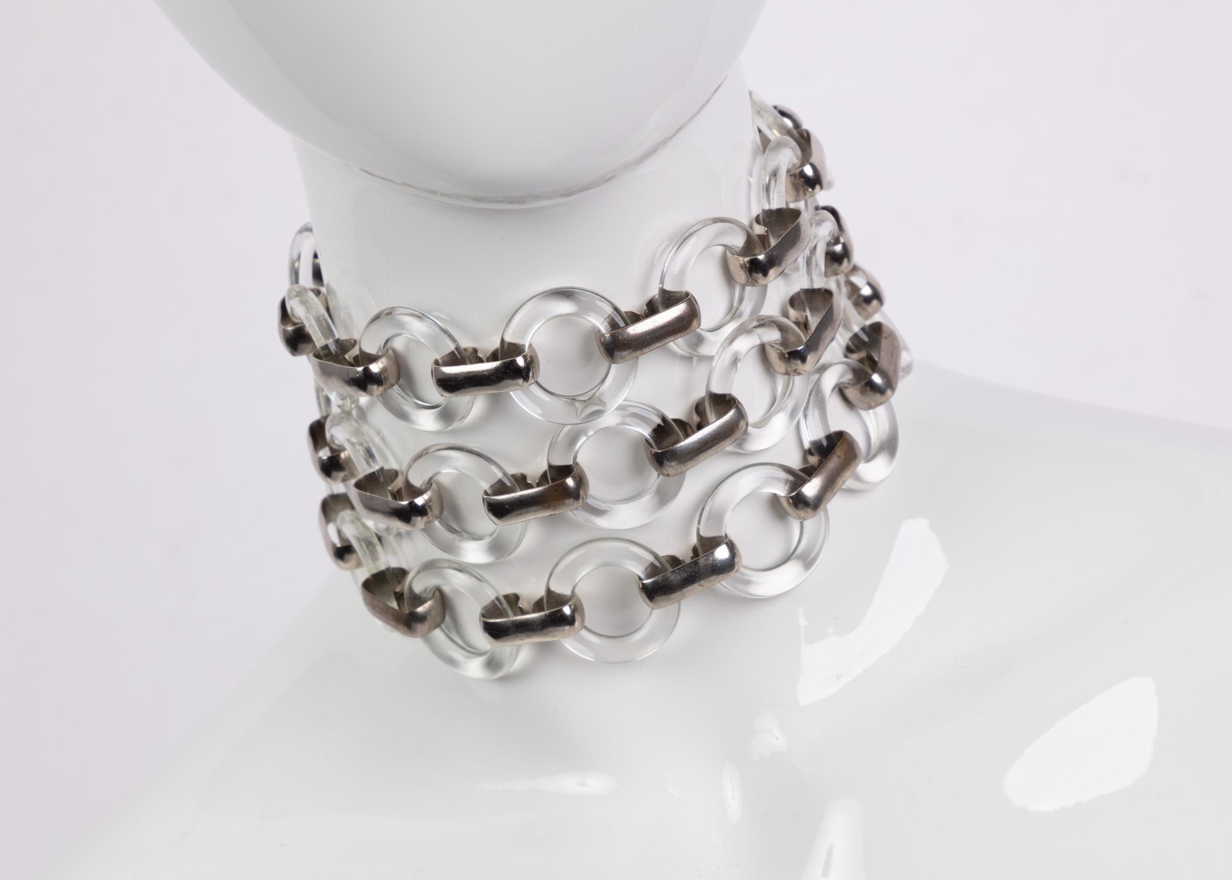 Vintage Yves Saint Laurent Lucite Rings Silver Link Belt Necklace In Excellent Condition In Boca Raton, FL