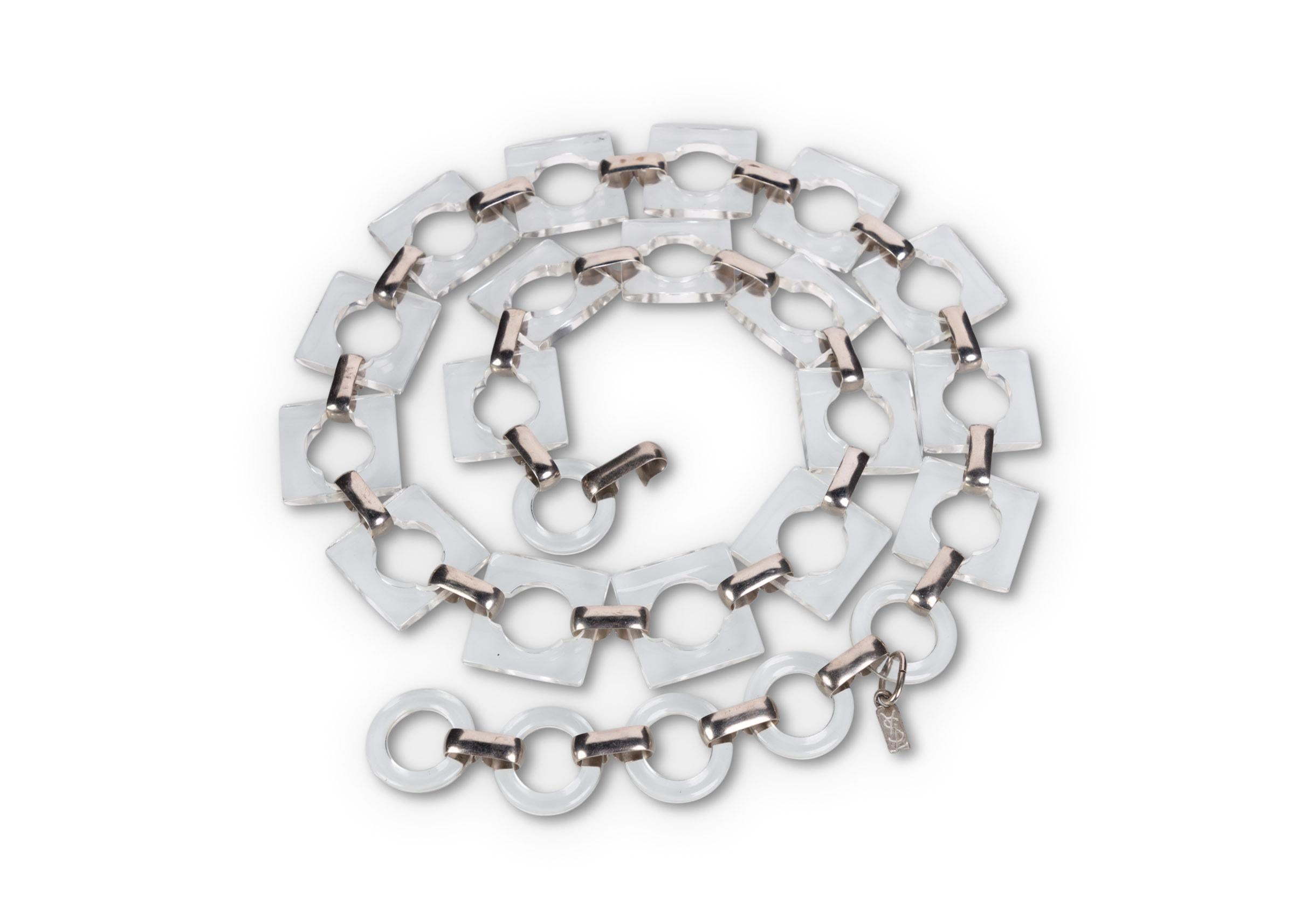 Modern Vintage Yves Saint Laurent Lucite Squares Silver Necklace Belt