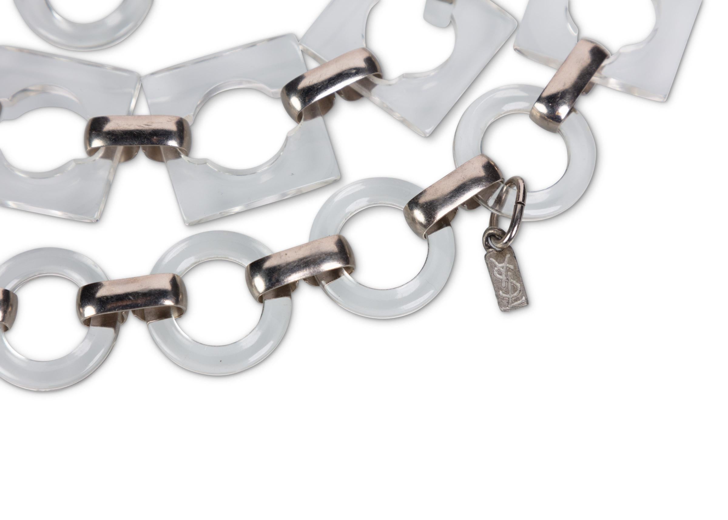 Vintage Yves Saint Laurent Lucite Squares Silver Necklace Belt In Excellent Condition In Boca Raton, FL