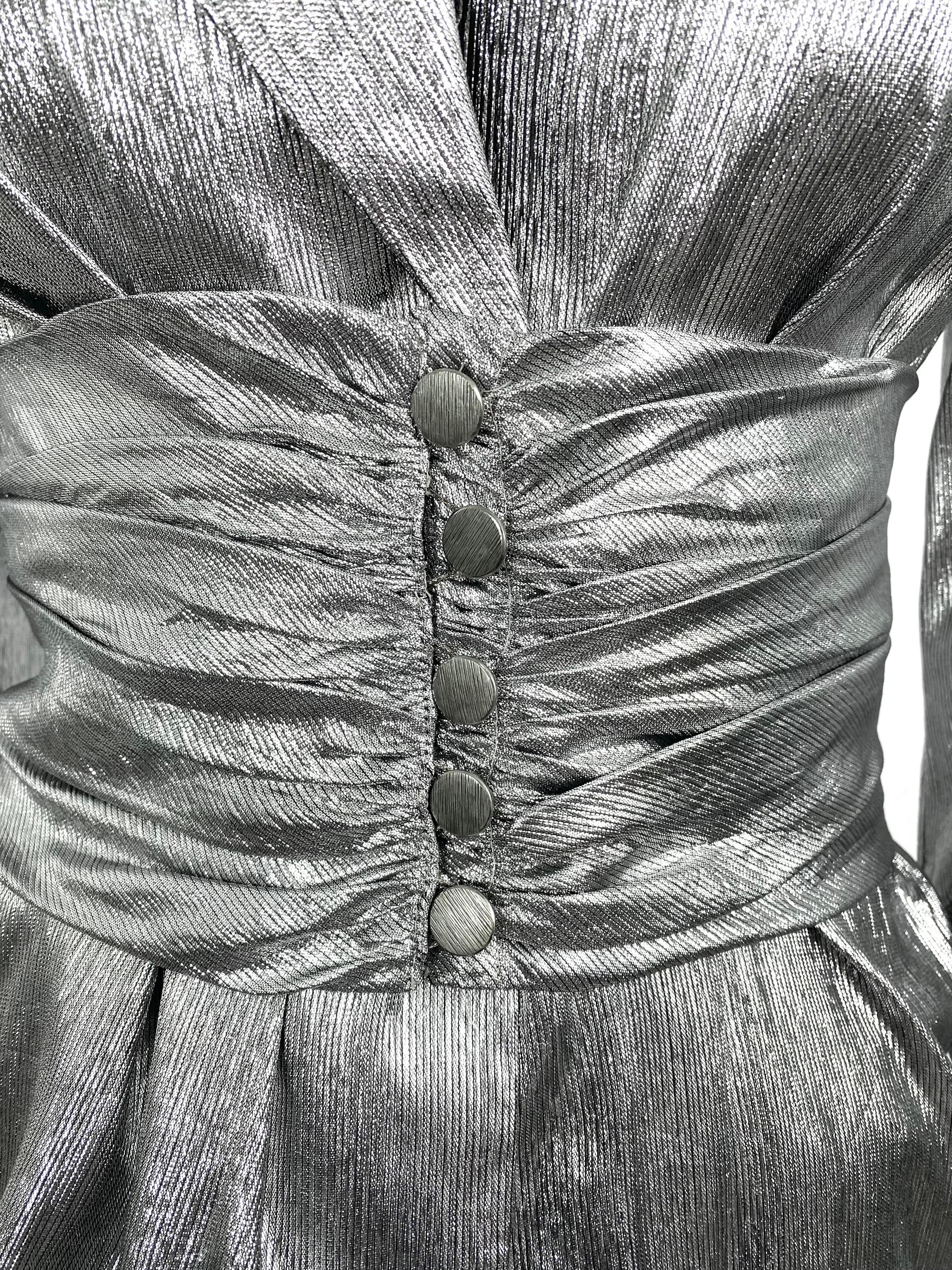 Silver Vintage Yves Saint Laurent metallic silver blouse with wide pleated belt YSL For Sale