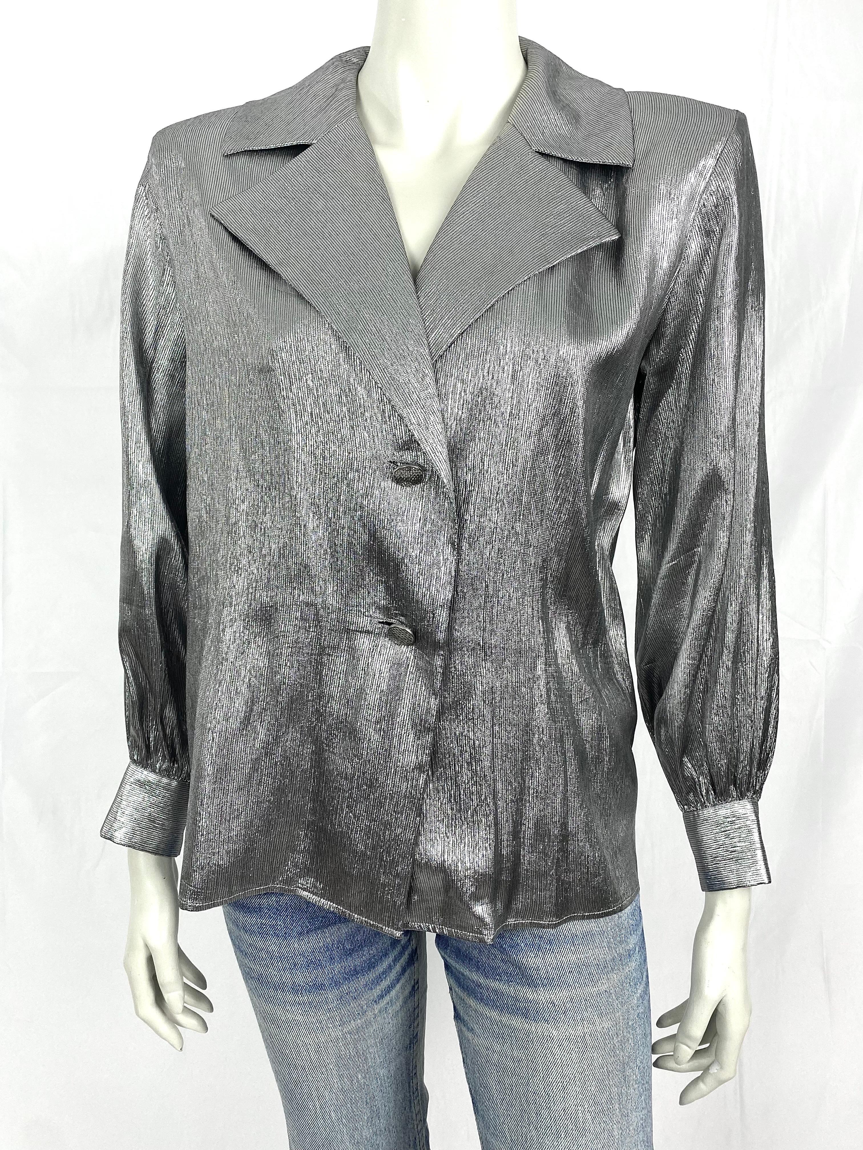 Women's Vintage Yves Saint Laurent metallic silver blouse with wide pleated belt YSL For Sale
