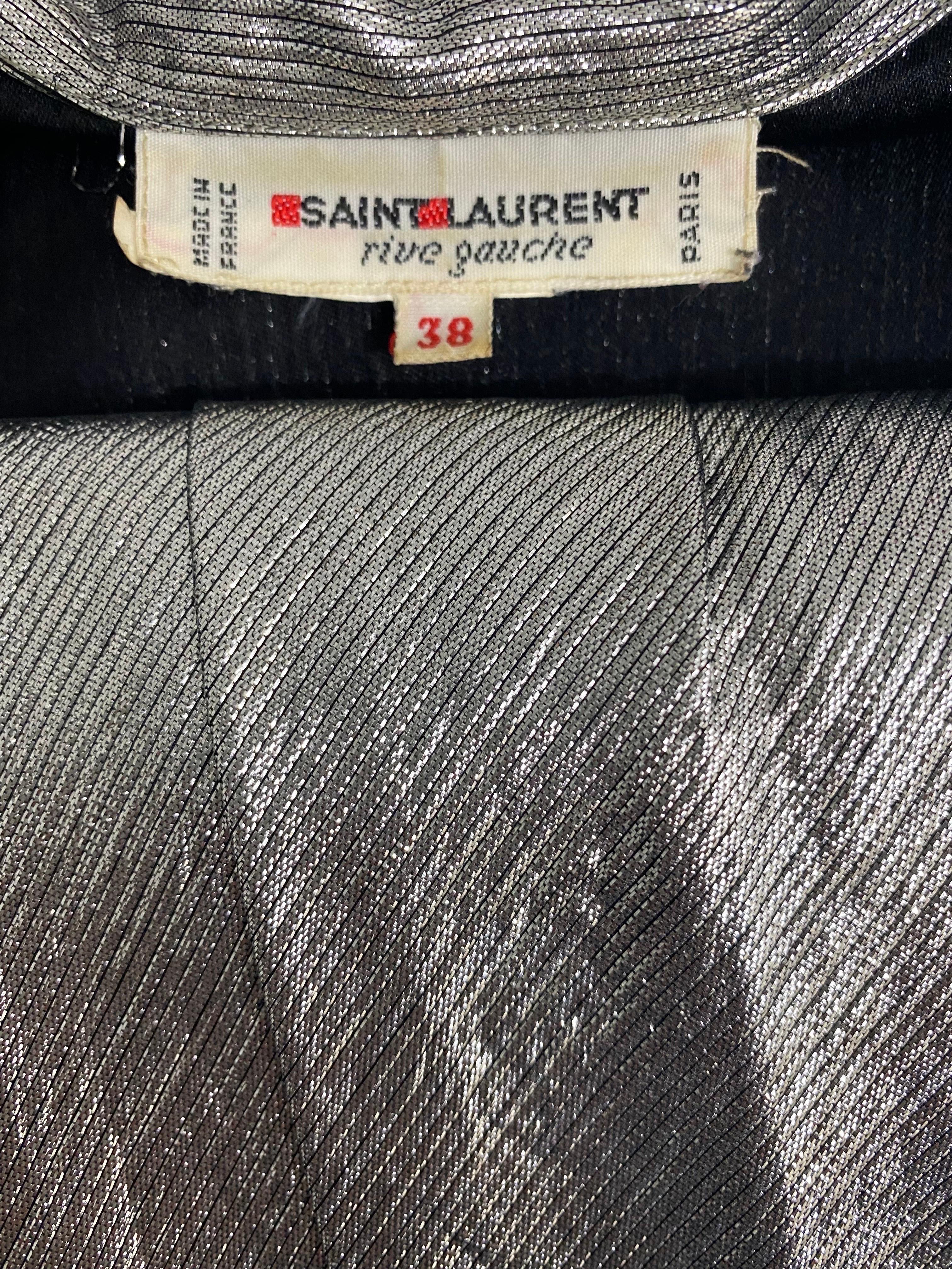 Vintage Yves Saint Laurent metallic silver blouse with wide pleated belt YSL For Sale 1