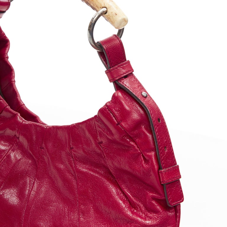 YSL YVES SAINT LAURENT Red Iconic Mombasa Leather Shoulder Hobo Bag Horn  Handle