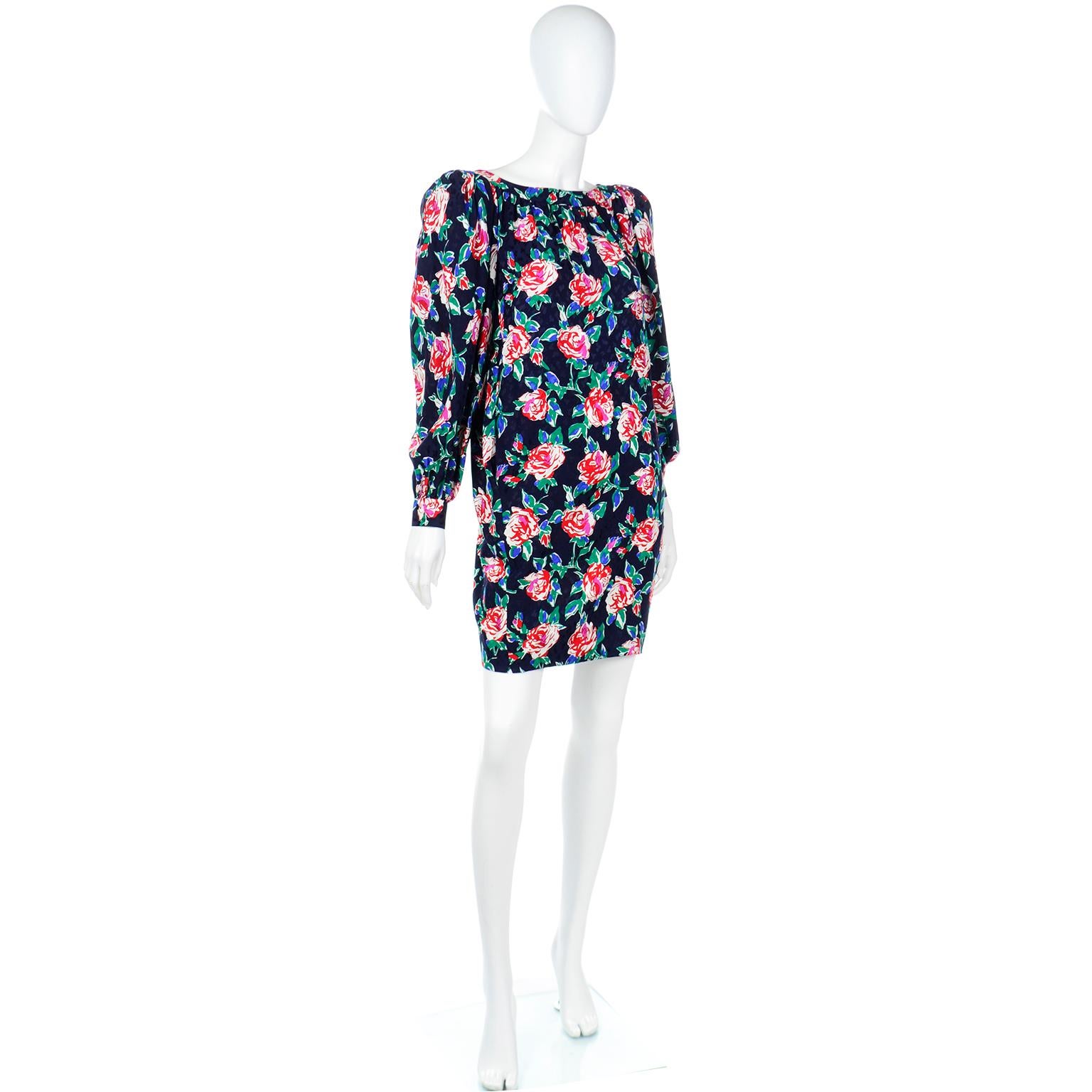 Vintage Yves Saint Laurent Navy Blue Green and Pink Floral Print Silk Dress In Excellent Condition For Sale In Portland, OR