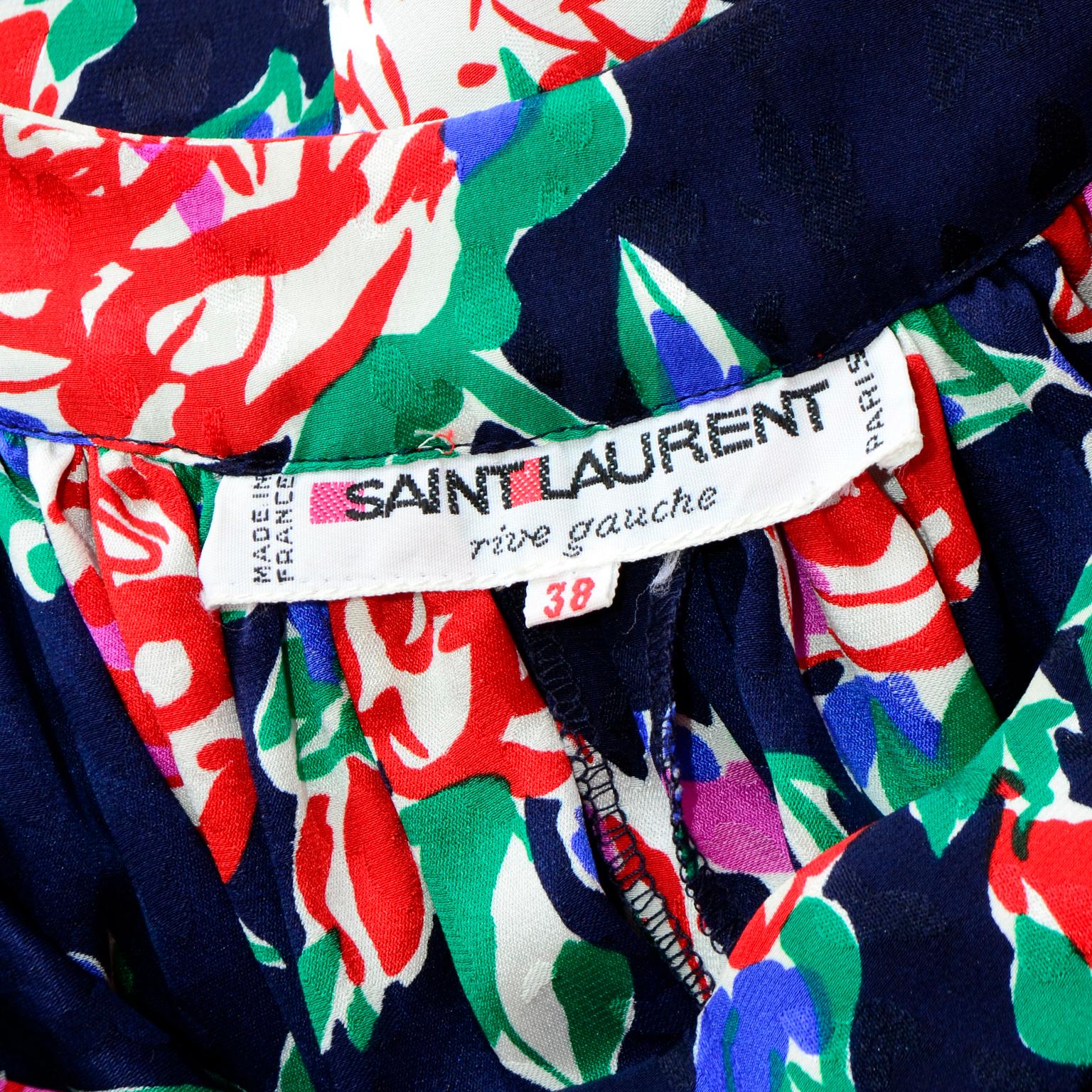 Vintage Yves Saint Laurent Navy Blue Green and Pink Floral Print Silk Dress For Sale 2