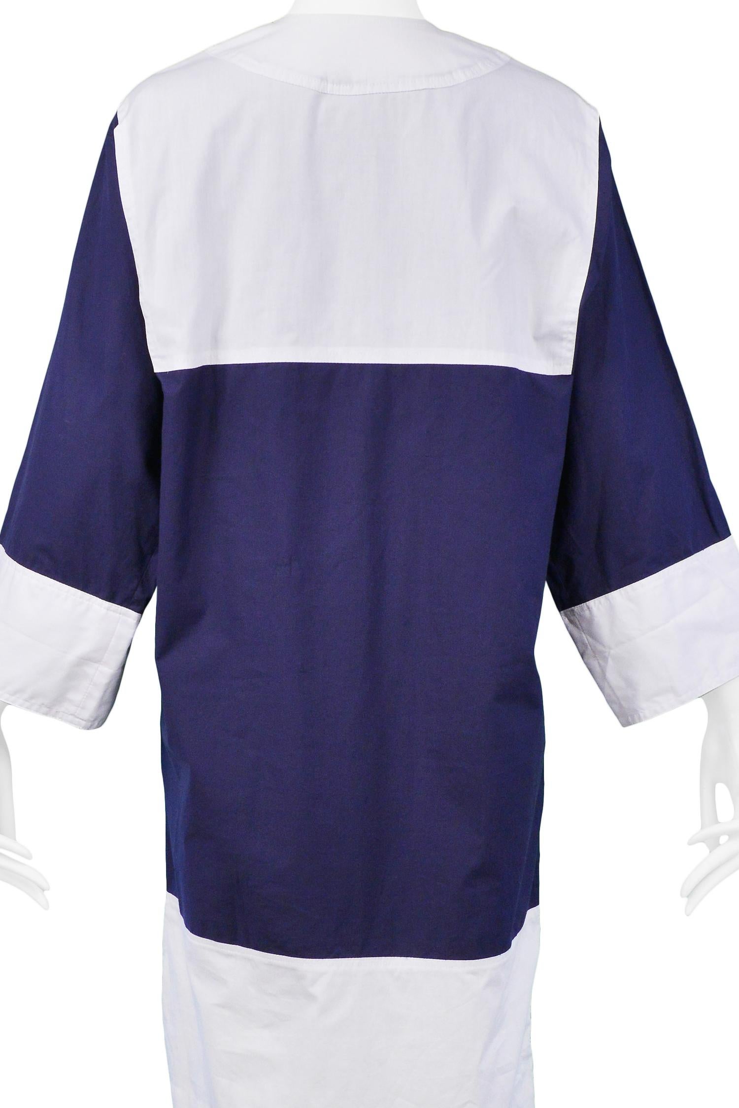 blue and white tunic dress