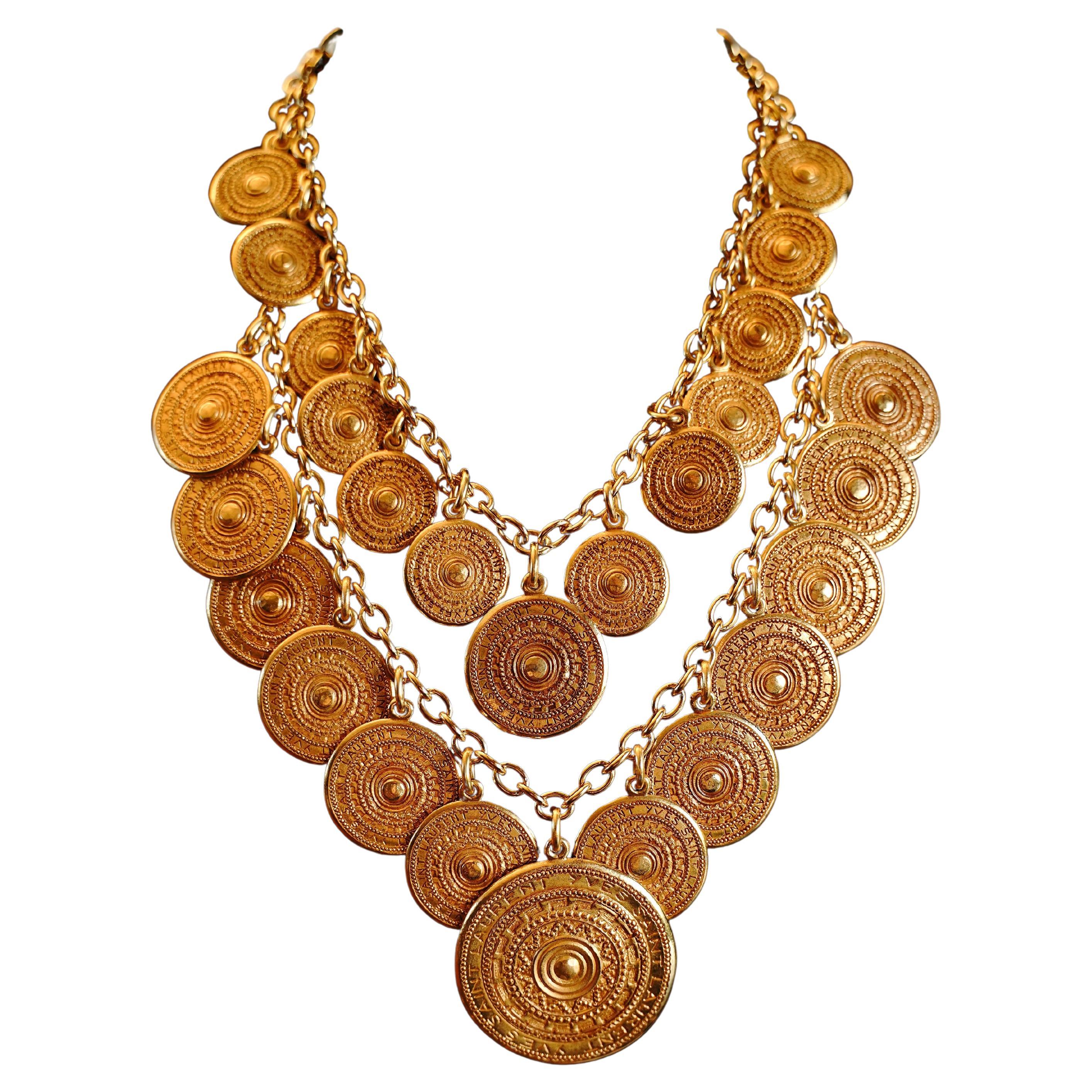 Vintage Yves Saint Laurent Necklace Ethnic Coin Medallion Necklace, late 1970s in vendita