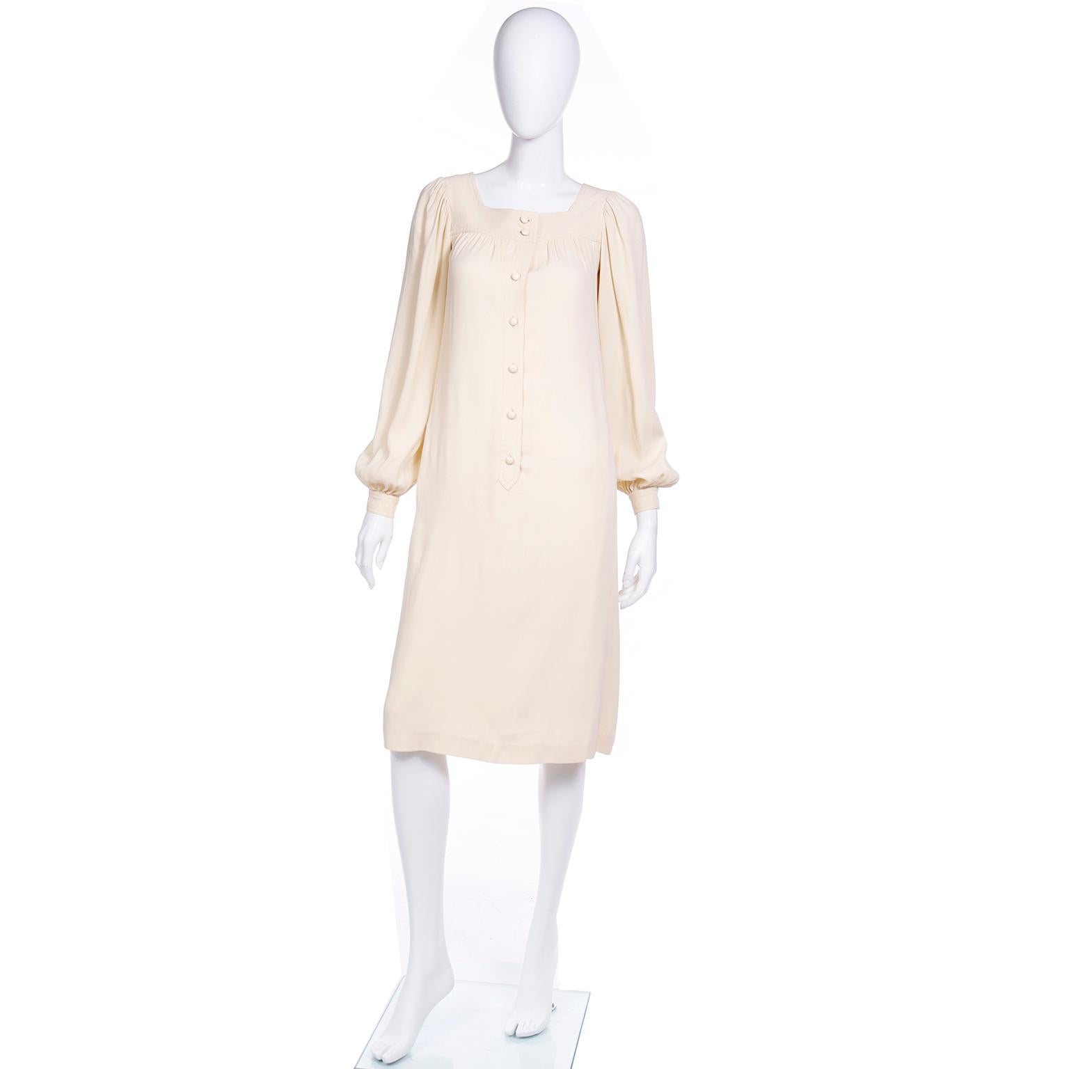 Vintage Yves Saint Laurent Neutral Beige Jersey Dress w Bishop Sleeves In Excellent Condition For Sale In Portland, OR
