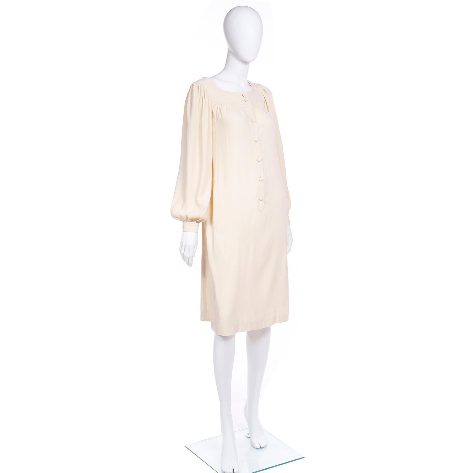 Women's Vintage Yves Saint Laurent Neutral Beige Jersey Dress w Bishop Sleeves For Sale