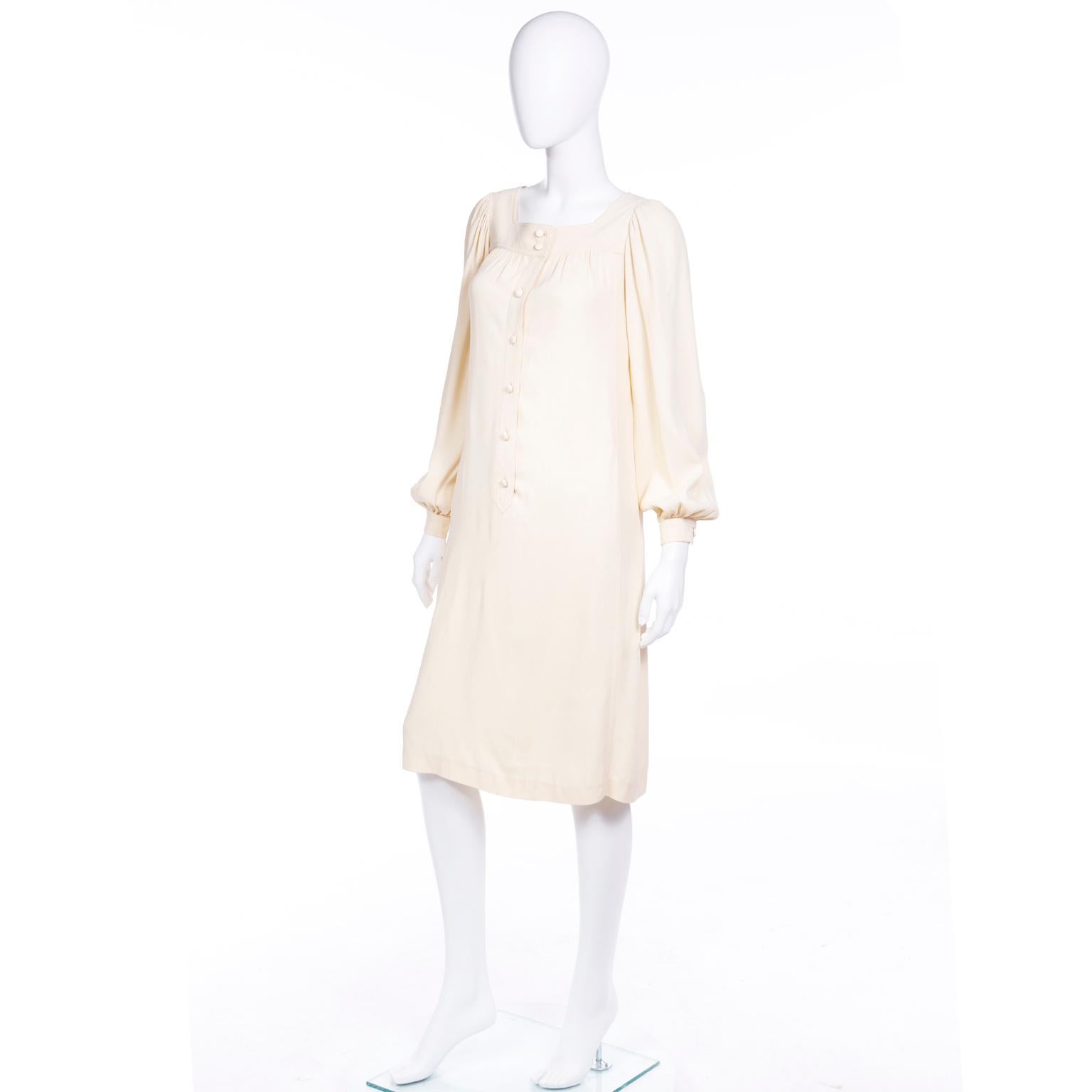 Vintage Yves Saint Laurent Neutral Beige Jersey Dress w Bishop Sleeves For Sale 2