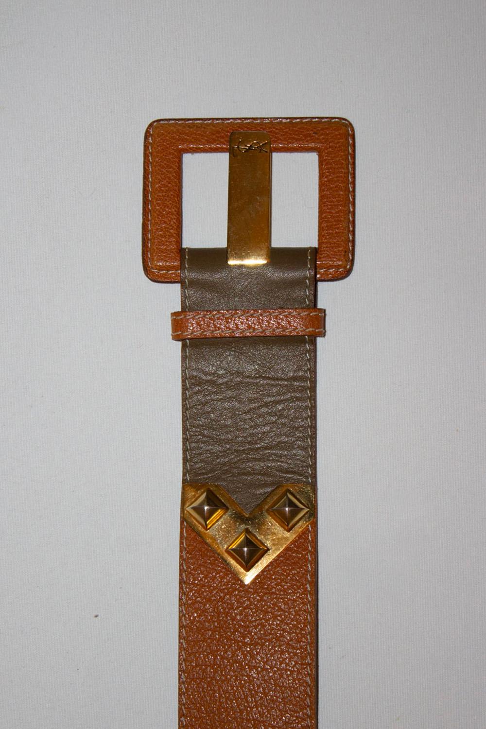 Vintage Yves Saint Laurent Olive and Brown Leather Belt In Good Condition For Sale In London, GB
