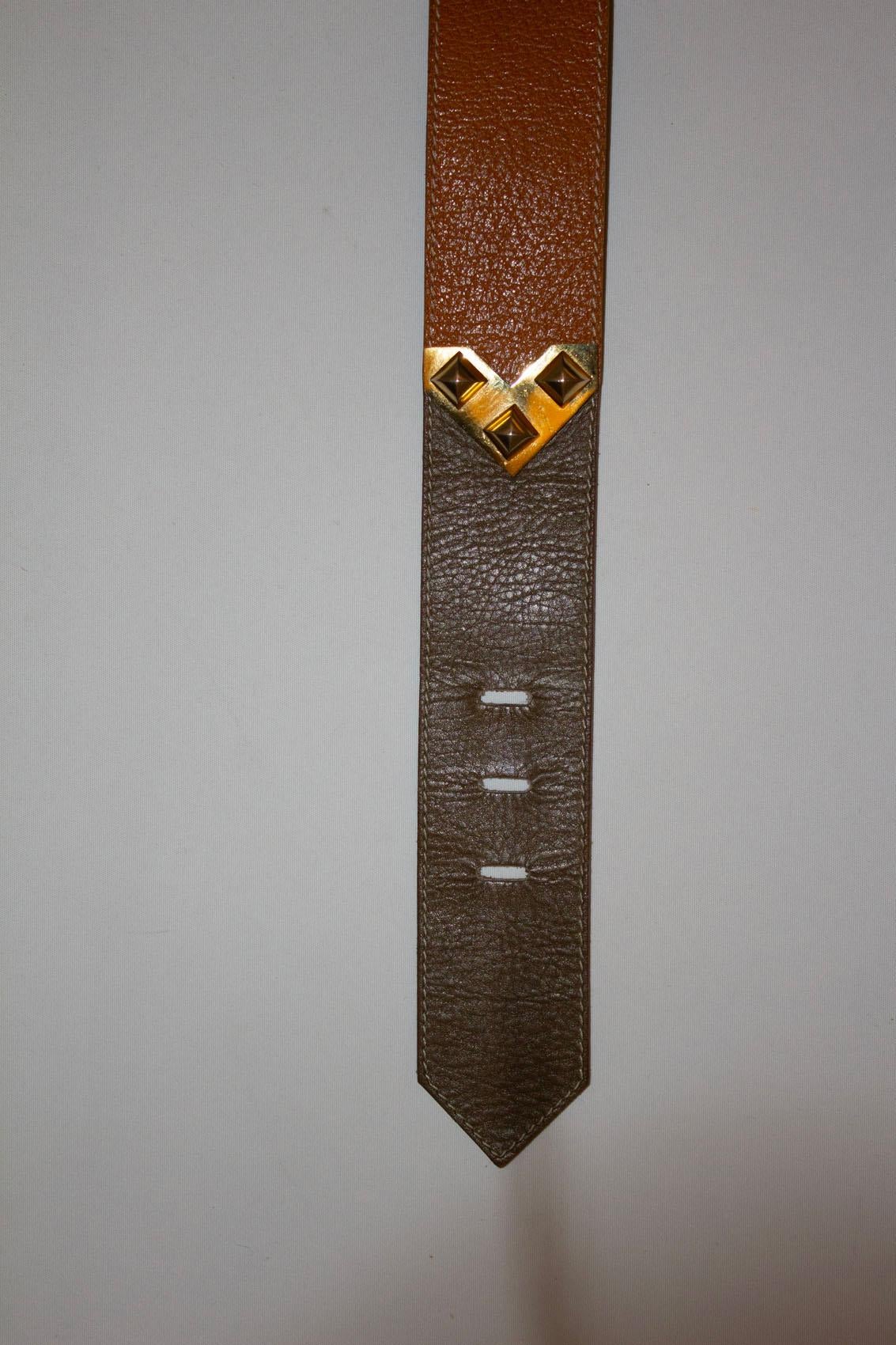 Women's or Men's Vintage Yves Saint Laurent Olive and Brown Leather Belt For Sale
