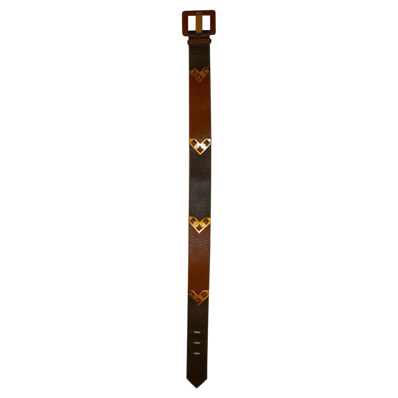 Vintage Yves Saint Laurent Olive and Brown Leather Belt For Sale