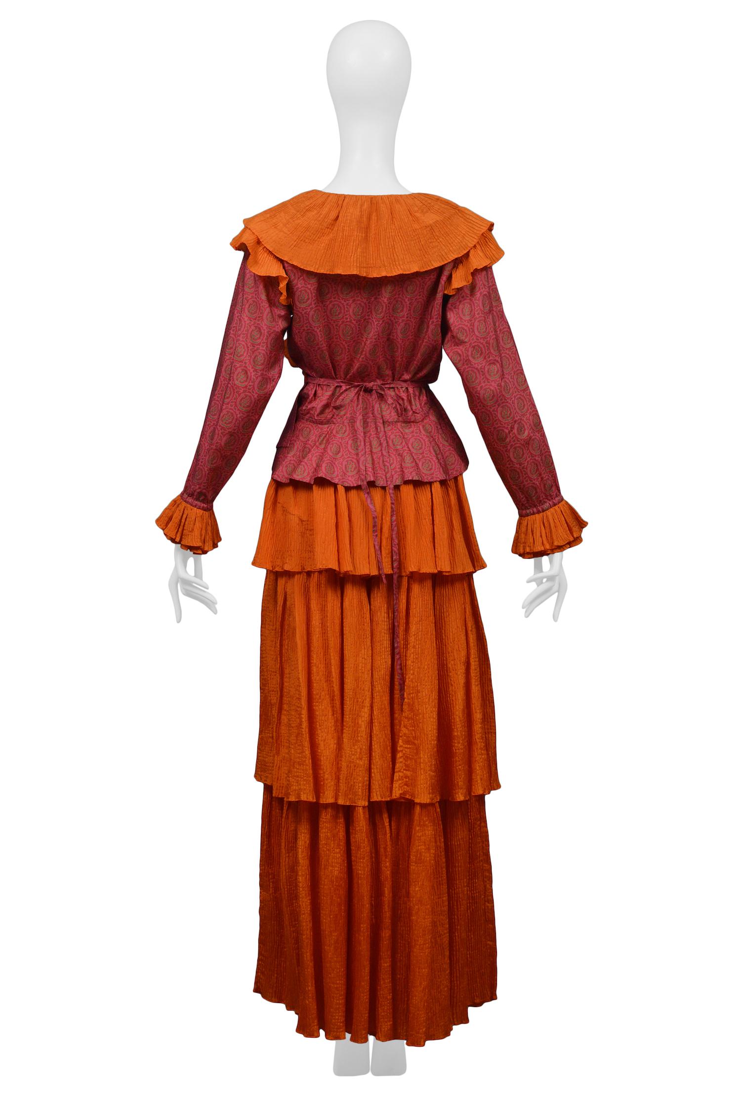 Red Vintage Yves Saint Laurent Orange & Pink Paisley Peasant Skirt Ensemble 1970s