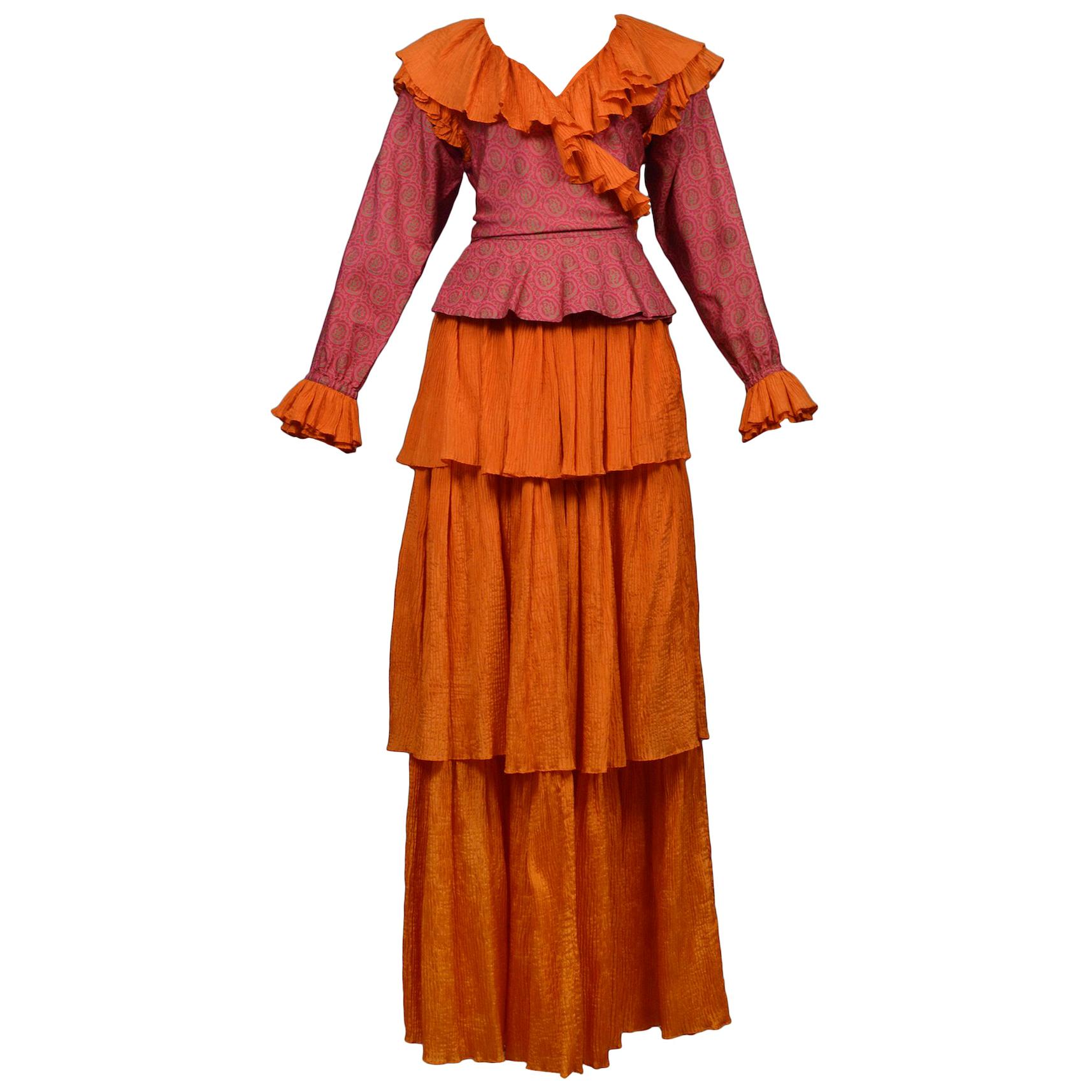 Vintage Yves Saint Laurent Orange 
Pink Paisley Peasant Skirt Ensemble 1970s