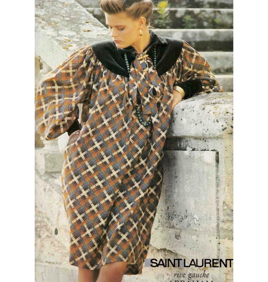 Brown Vintage Yves Saint Laurent Pink Plaid & Black Velvet Dress 1981