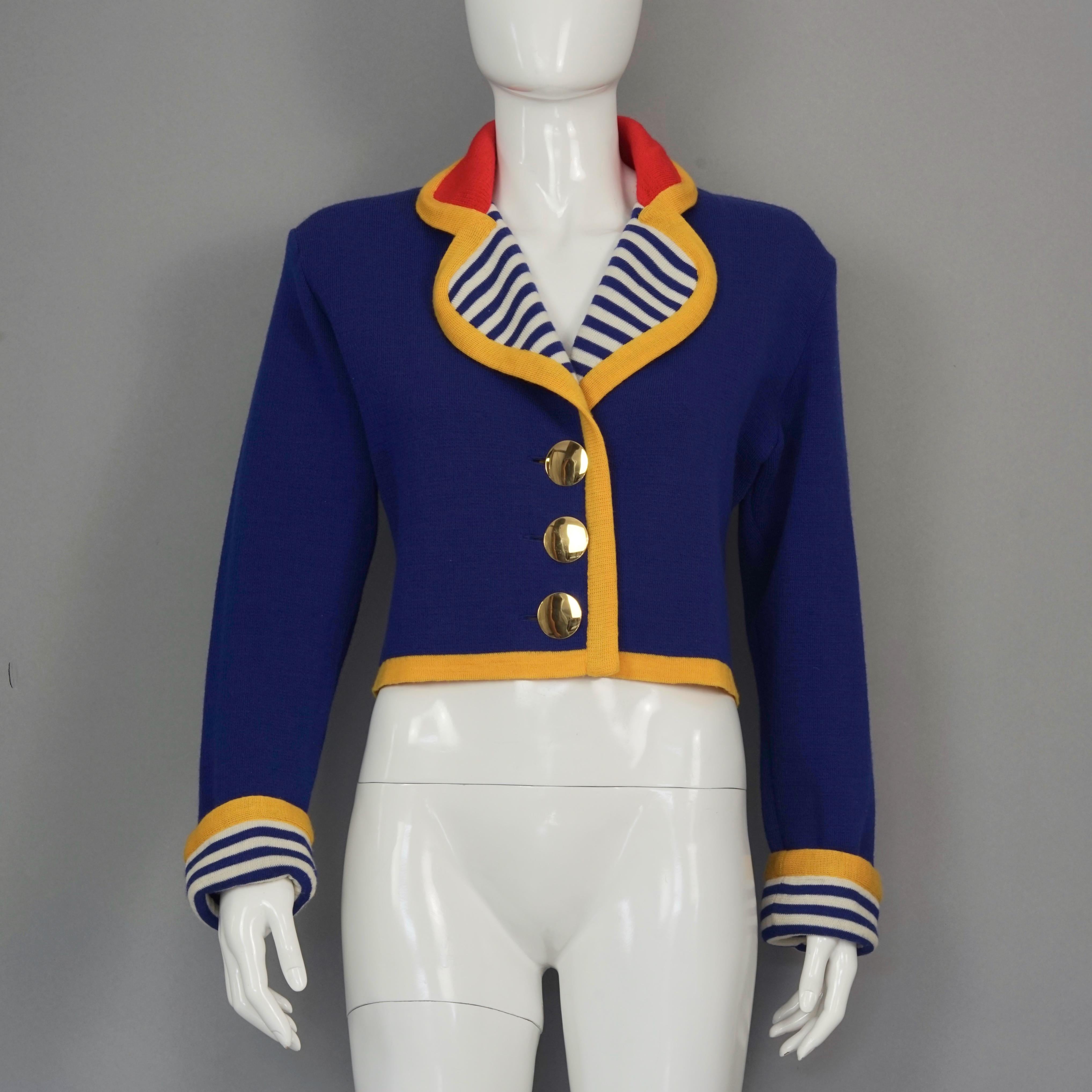 Vintage YVES SAINT LAURENT Pop Colour Sailor Knit Cropped Cardigan Jacket

Measurements taken laid flat, please double bust and wast:
Shoulder: 17.32 inches (44 cm)
Sleeves: 24.80 inches (63 cm)
Bust: 20.07 inches (51 cm)
Waist: 15.35 inches (39