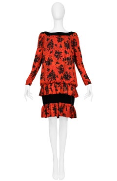 Vintage Yves Saint Laurent Red & Black Floral Print Drop Dress