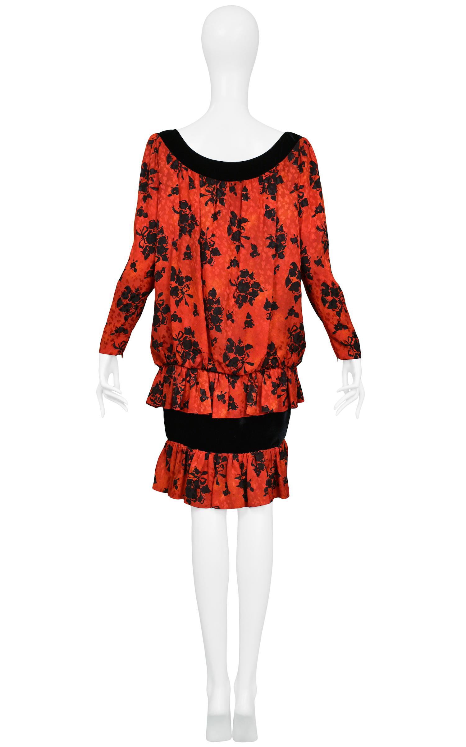 Rouge Yves Saint Laurent - Robe en goutte vintage rouge et noire à imprimé floral en vente