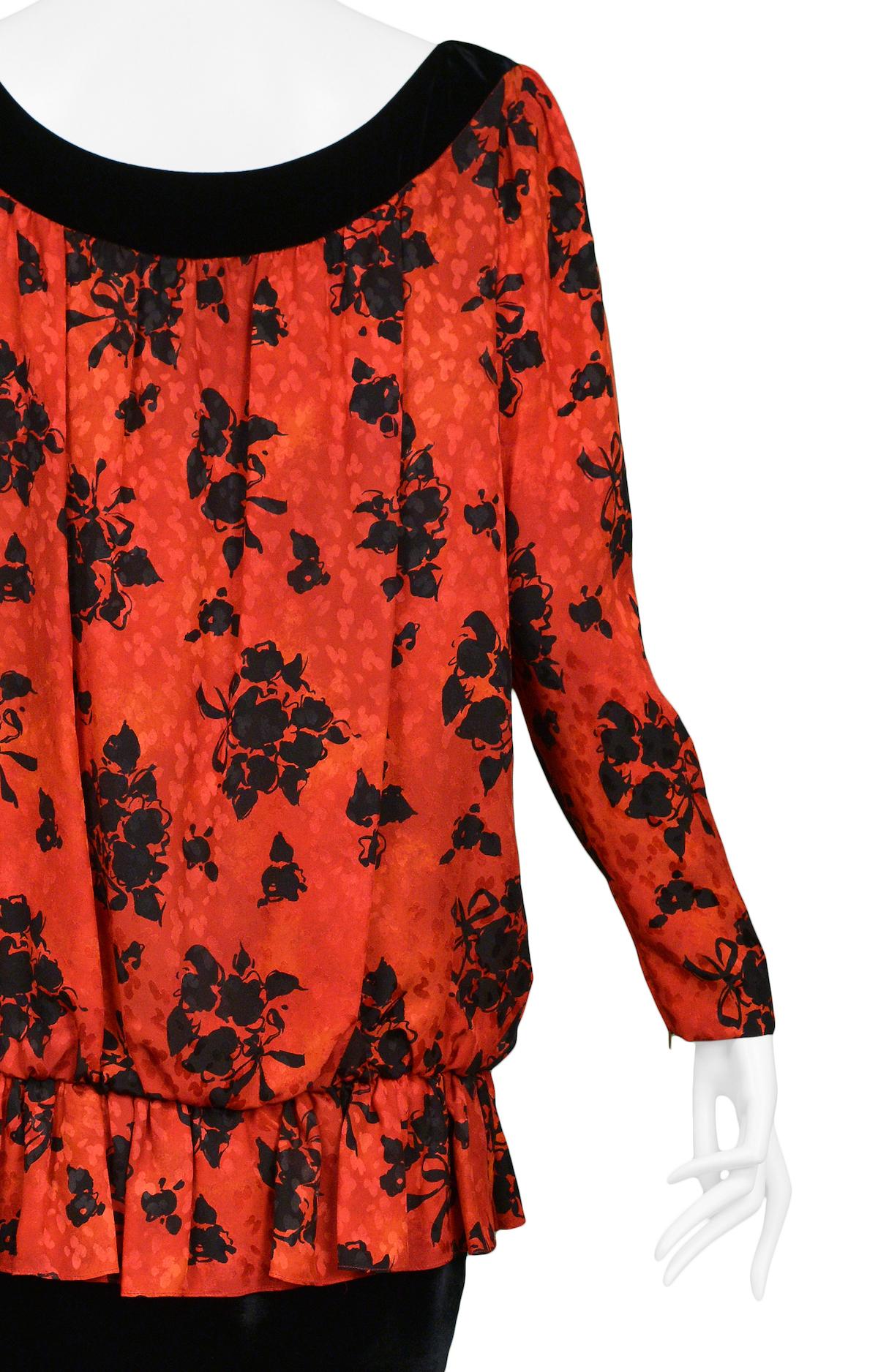 Yves Saint Laurent - Robe en goutte vintage rouge et noire à imprimé floral Excellent état - En vente à Los Angeles, CA