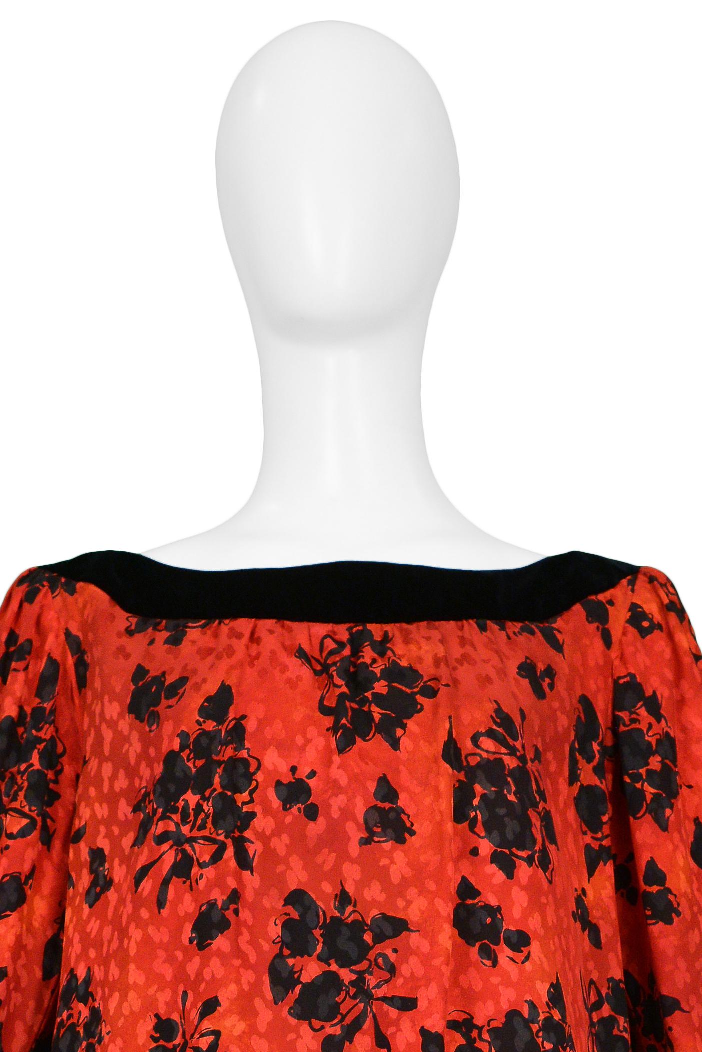 Vintage Yves Saint Laurent Red & Black Floral Print Drop Dress In Excellent Condition For Sale In Los Angeles, CA