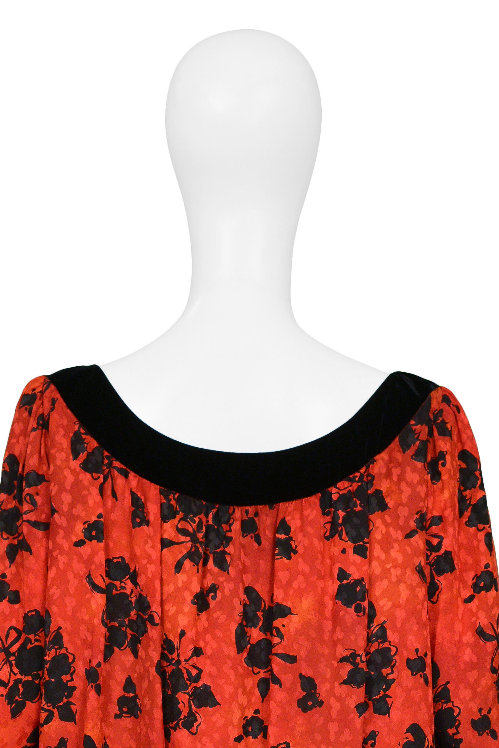 Women's Vintage Yves Saint Laurent Red & Black Floral Print Drop Dress For Sale