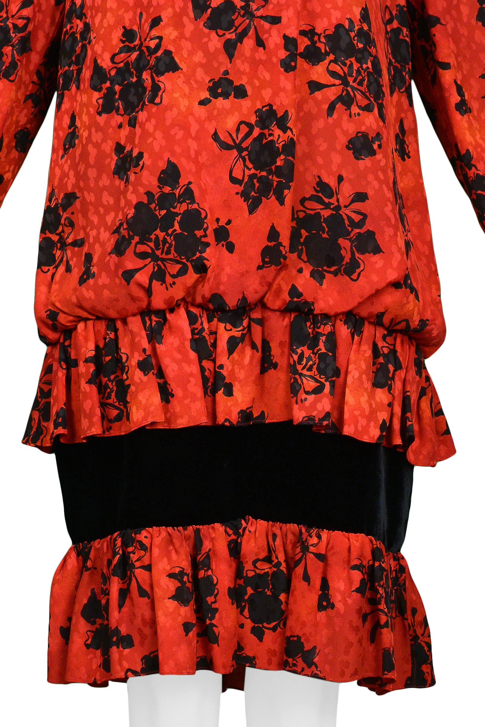Vintage Yves Saint Laurent Red & Black Floral Print Drop Dress For Sale 1