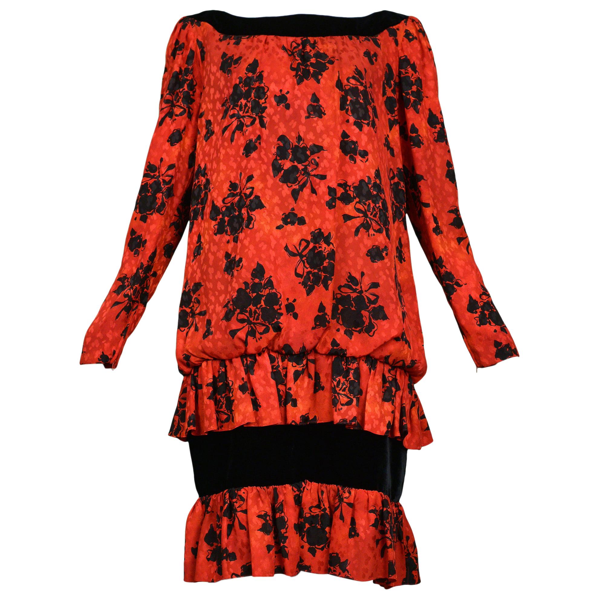 Vintage Yves Saint Laurent Red & Black Floral Print Drop Dress For Sale