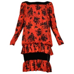 Vintage Yves Saint Laurent Red & Black Floral Print Drop Dress