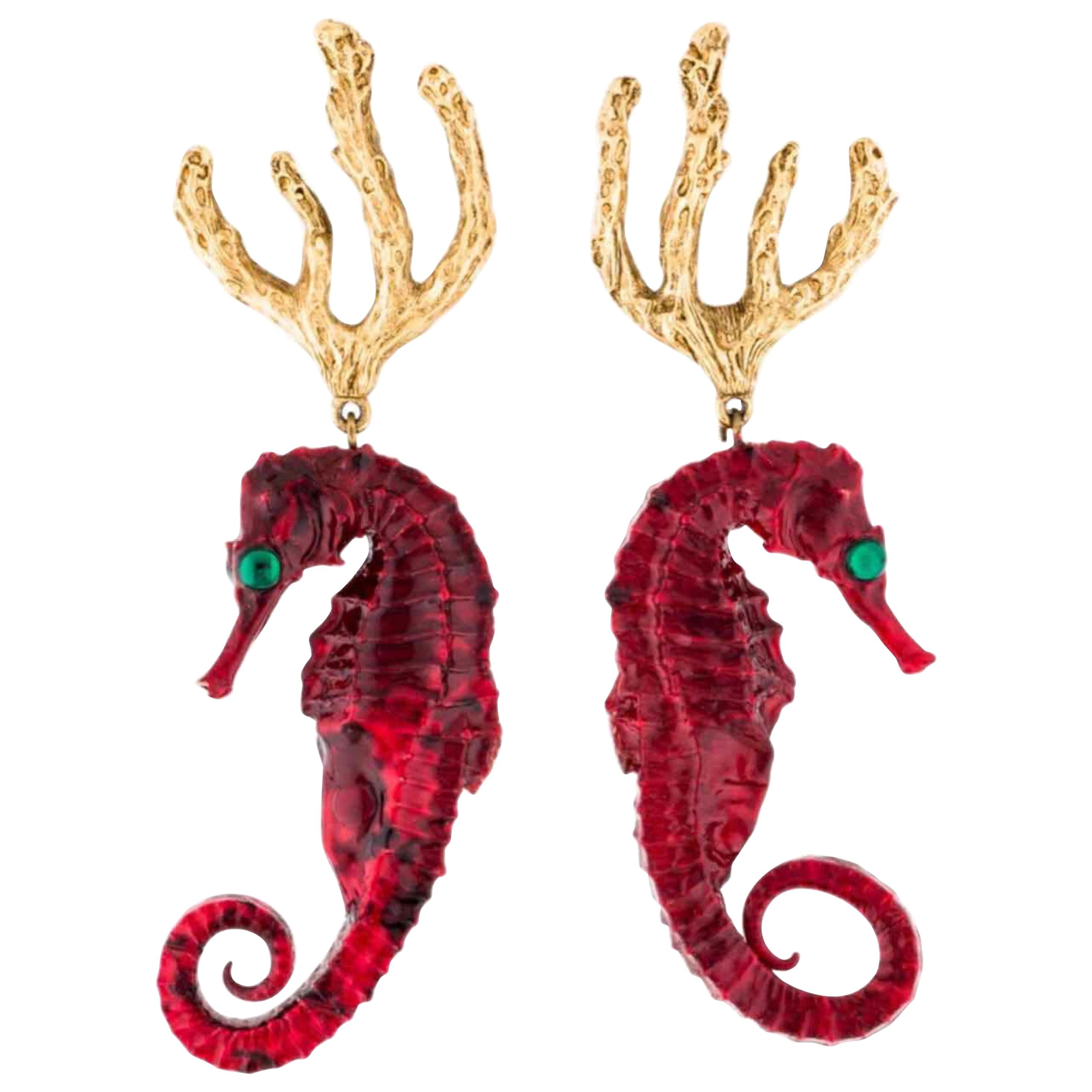 Vintage Yves Saint Laurent Red Gold Seahorse Earrings YSL For Sale