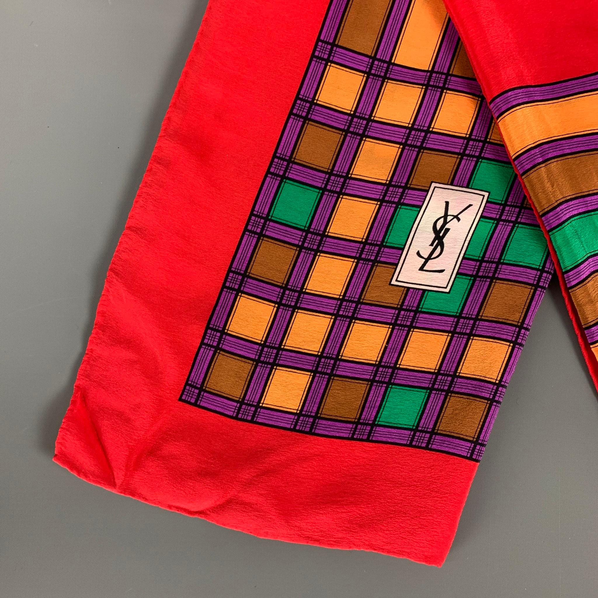 Vintage YVES SAINT LAURENT Red Multi-Color Print Silk Scarf In Good Condition In San Francisco, CA