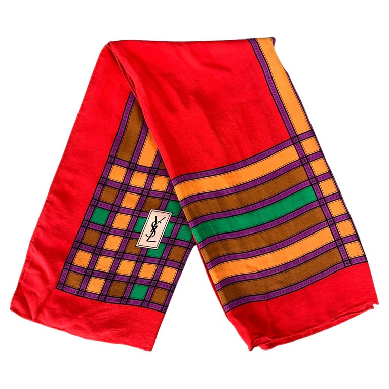 Vintage YVES SAINT LAURENT Red Multi-Color Print Silk Scarf For Sale at ...
