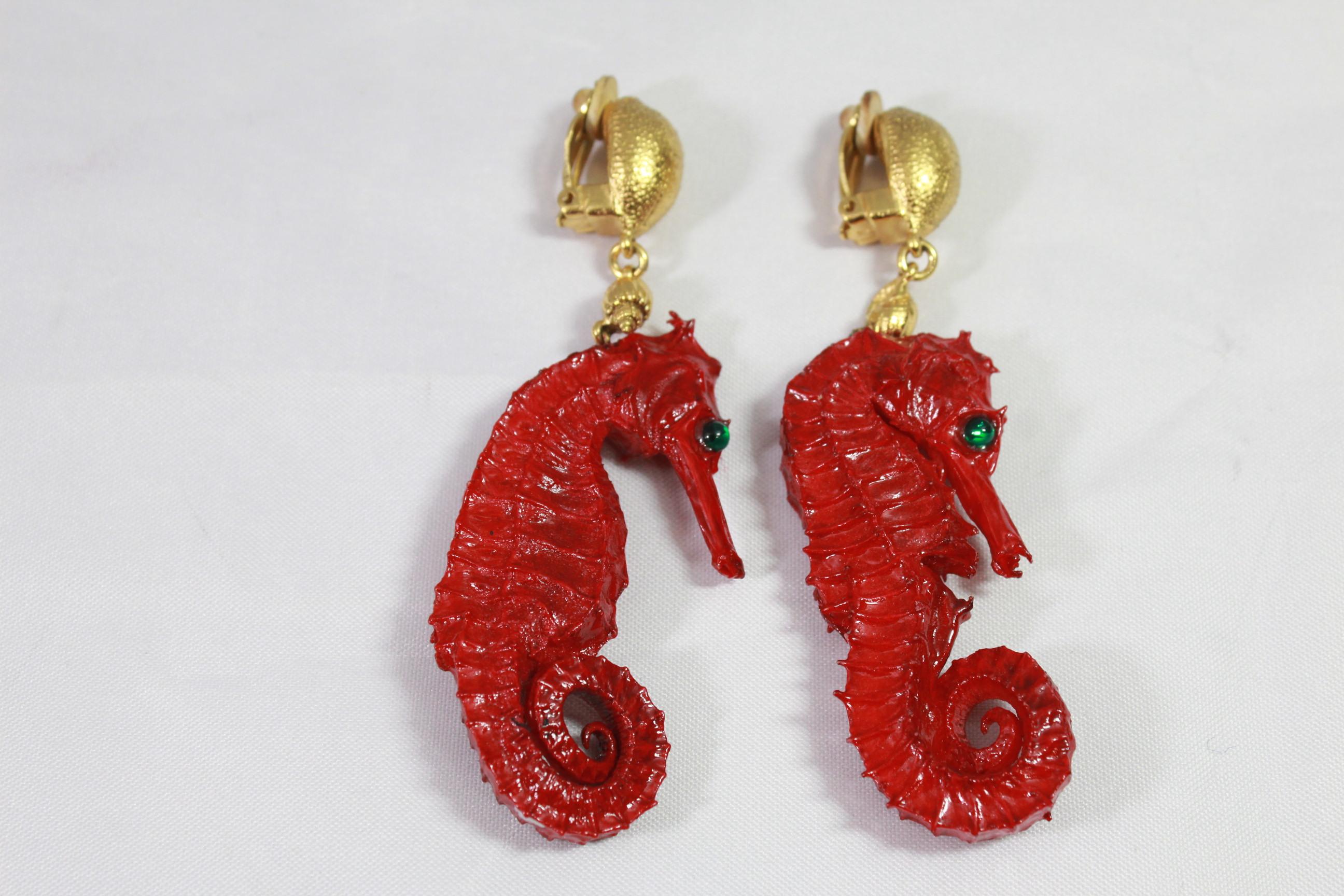 Women's or Men's Vintage Yves Saint Laurent Red Seahorses Earings For Sale