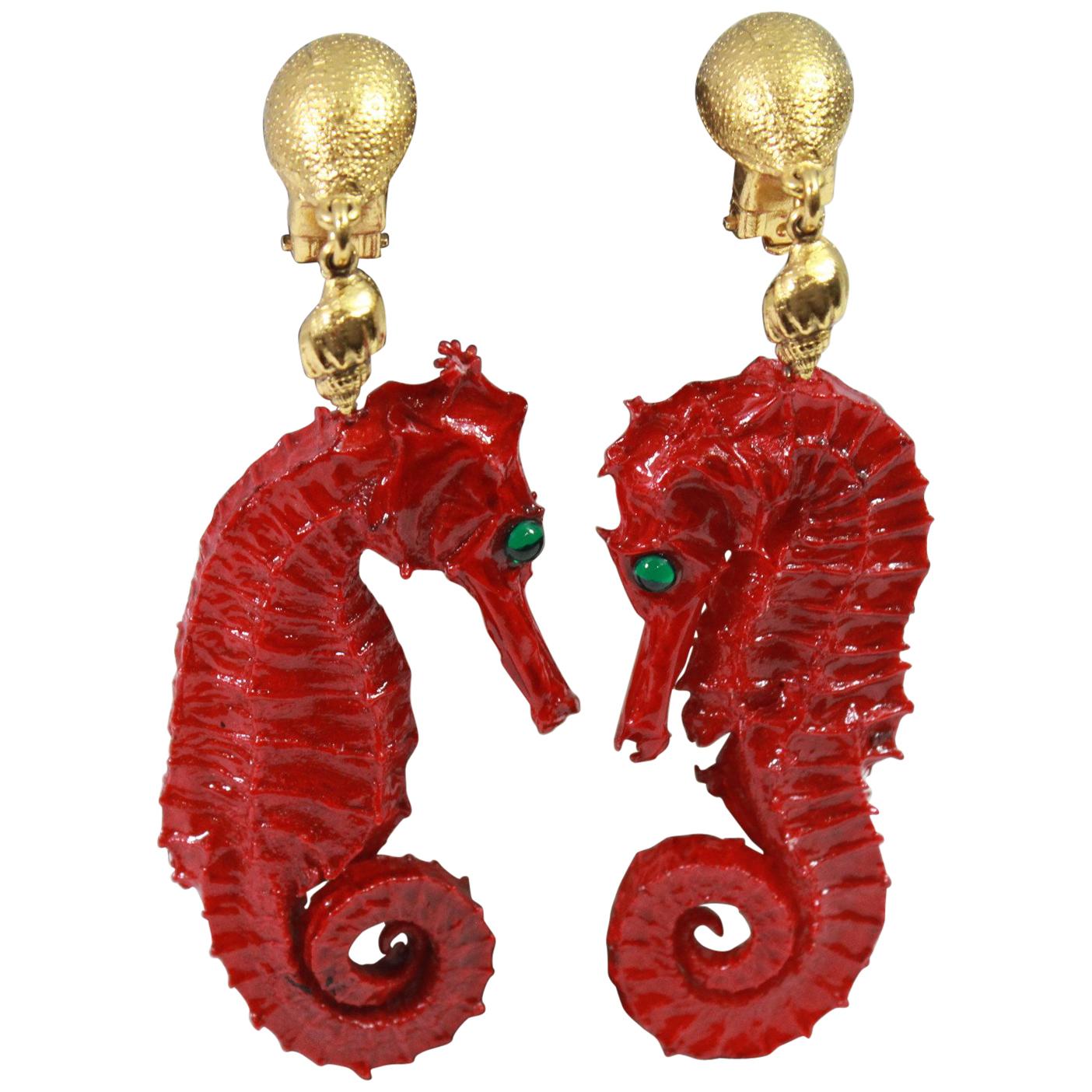 Vintage Yves Saint Laurent Red Seahorses Earings For Sale