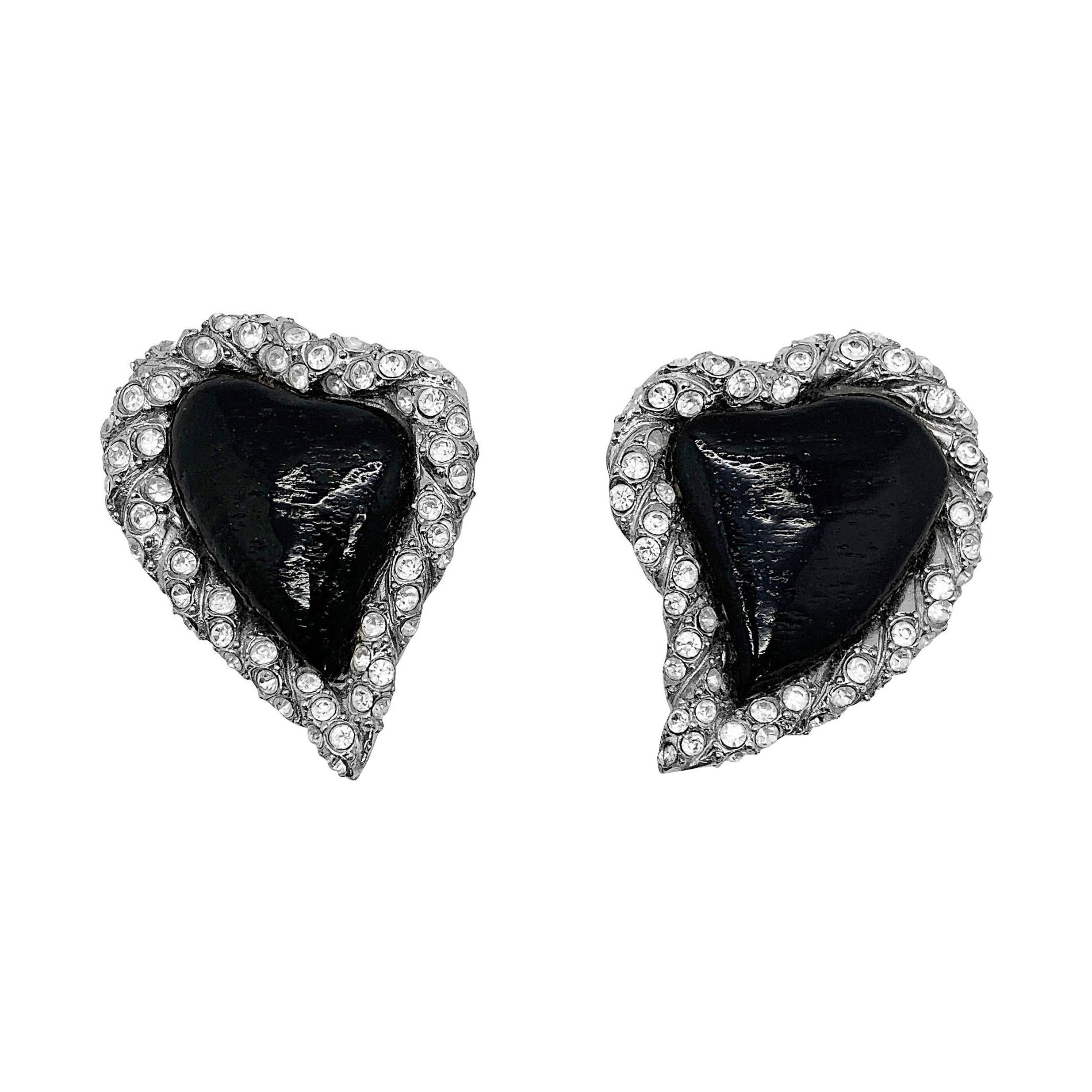 Yves Saint Laurent Rive Gauche Boucles d'oreilles vintage en forme de cœur noir, années 1980