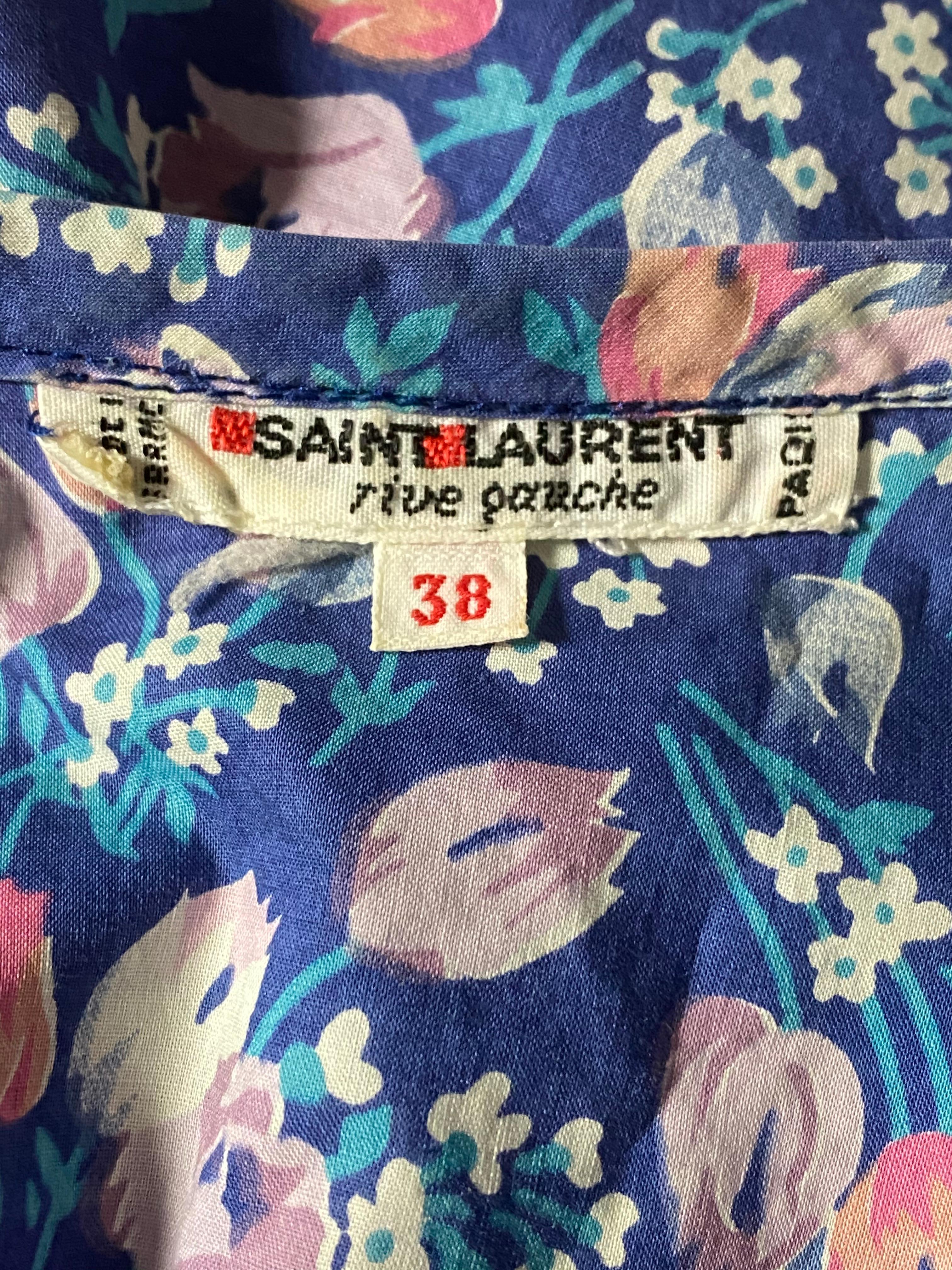 Vintage Yves Saint Laurent Rive Gauche Blue Floral Blouse Top Size 38 5