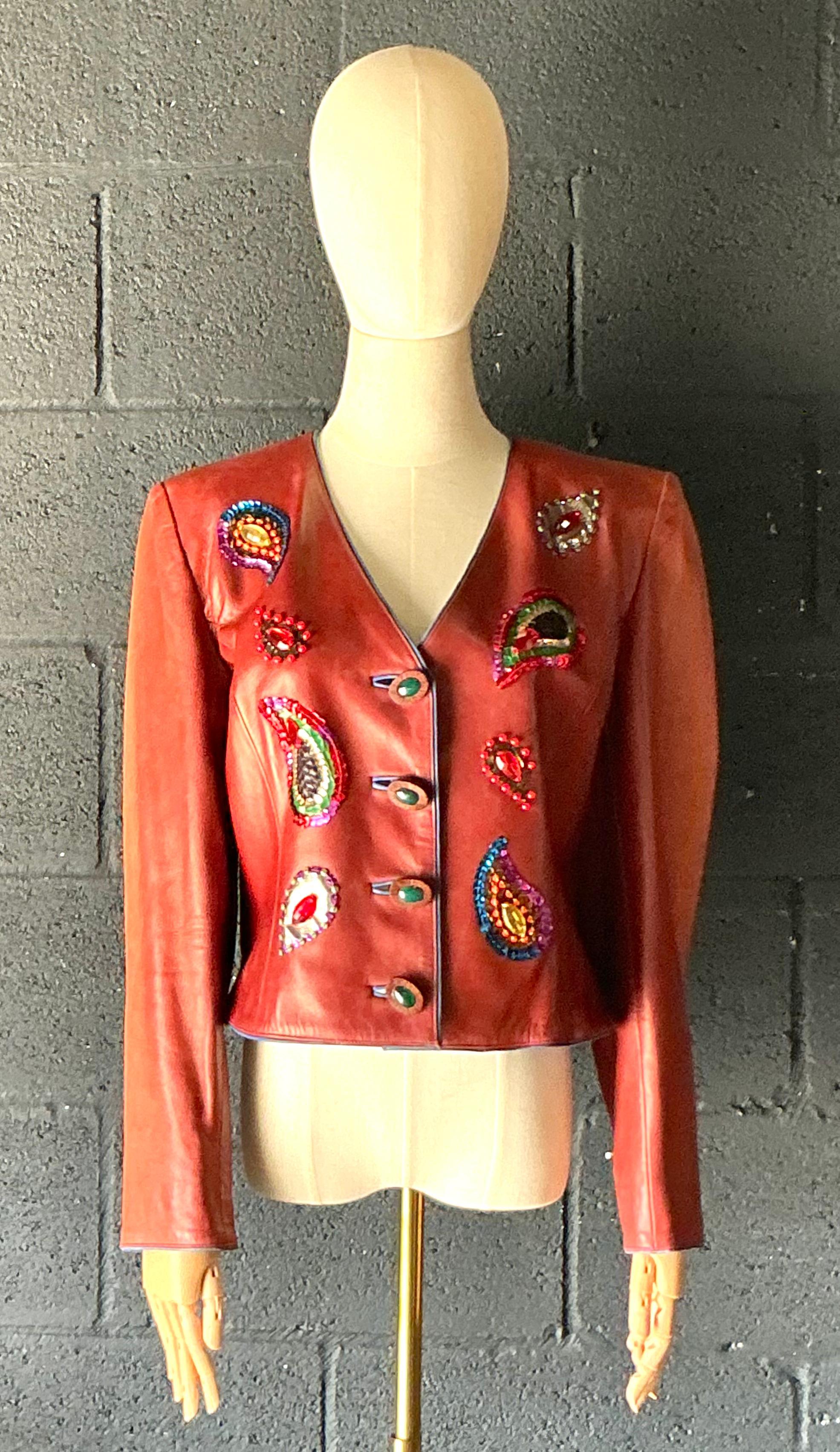 Vintage Yves Saint Laurent Rive Gauche verschönerte Lederjacke (Braun) im Angebot