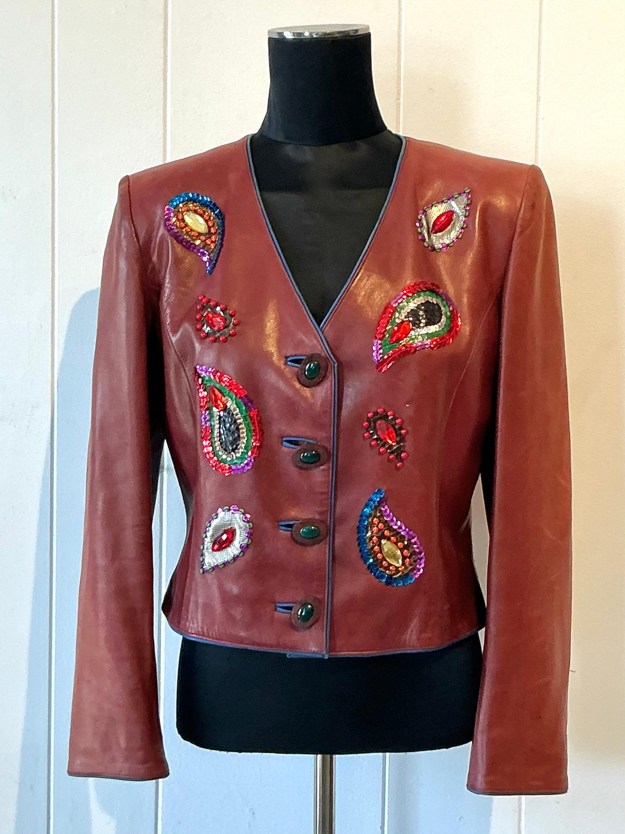 Vintage Yves Saint Laurent Rive Gauche Embellished Leather Jacket In Good Condition For Sale In West Palm Beach, FL