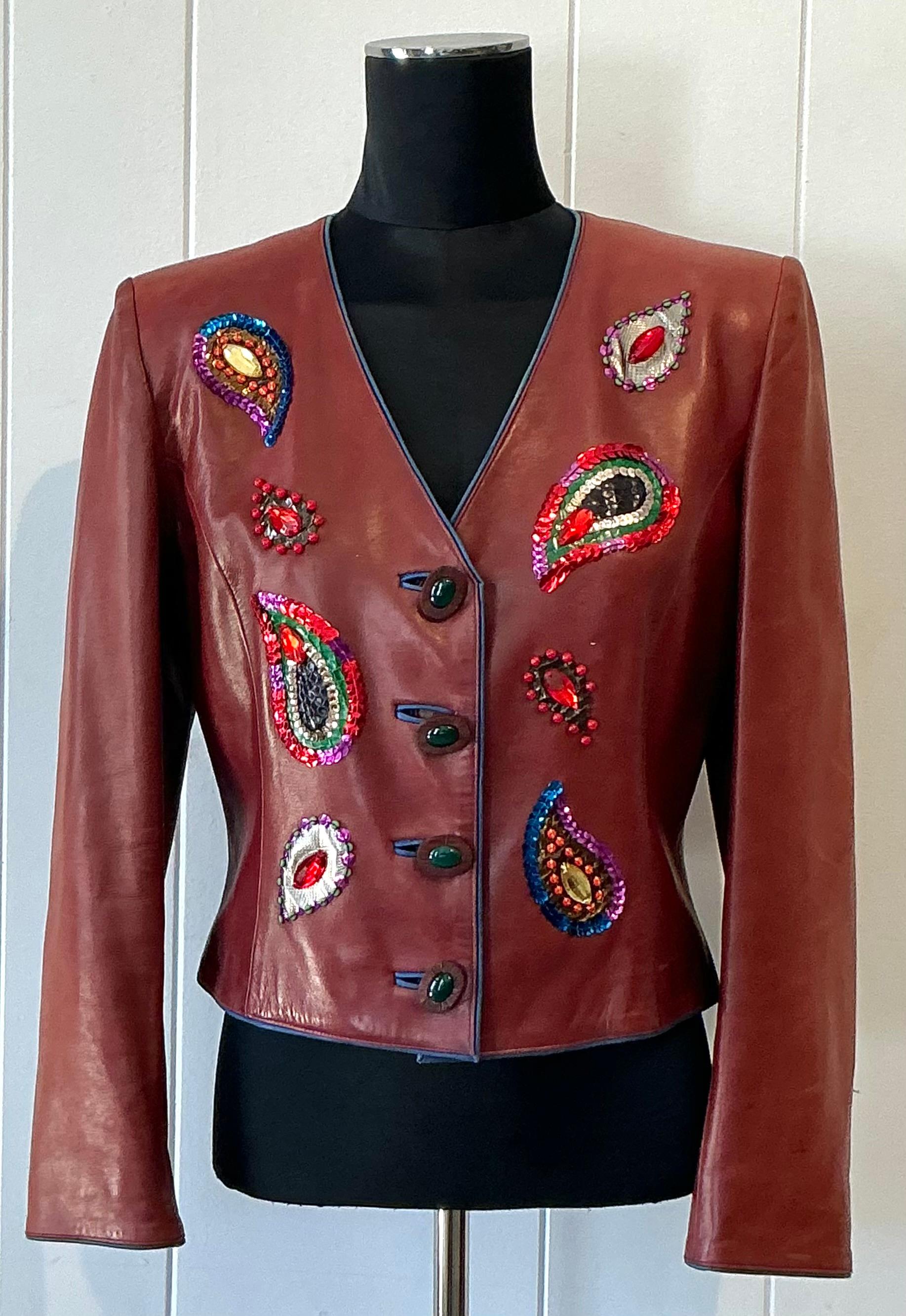 Women's or Men's Vintage Yves Saint Laurent Rive Gauche Embellished Leather Jacket For Sale