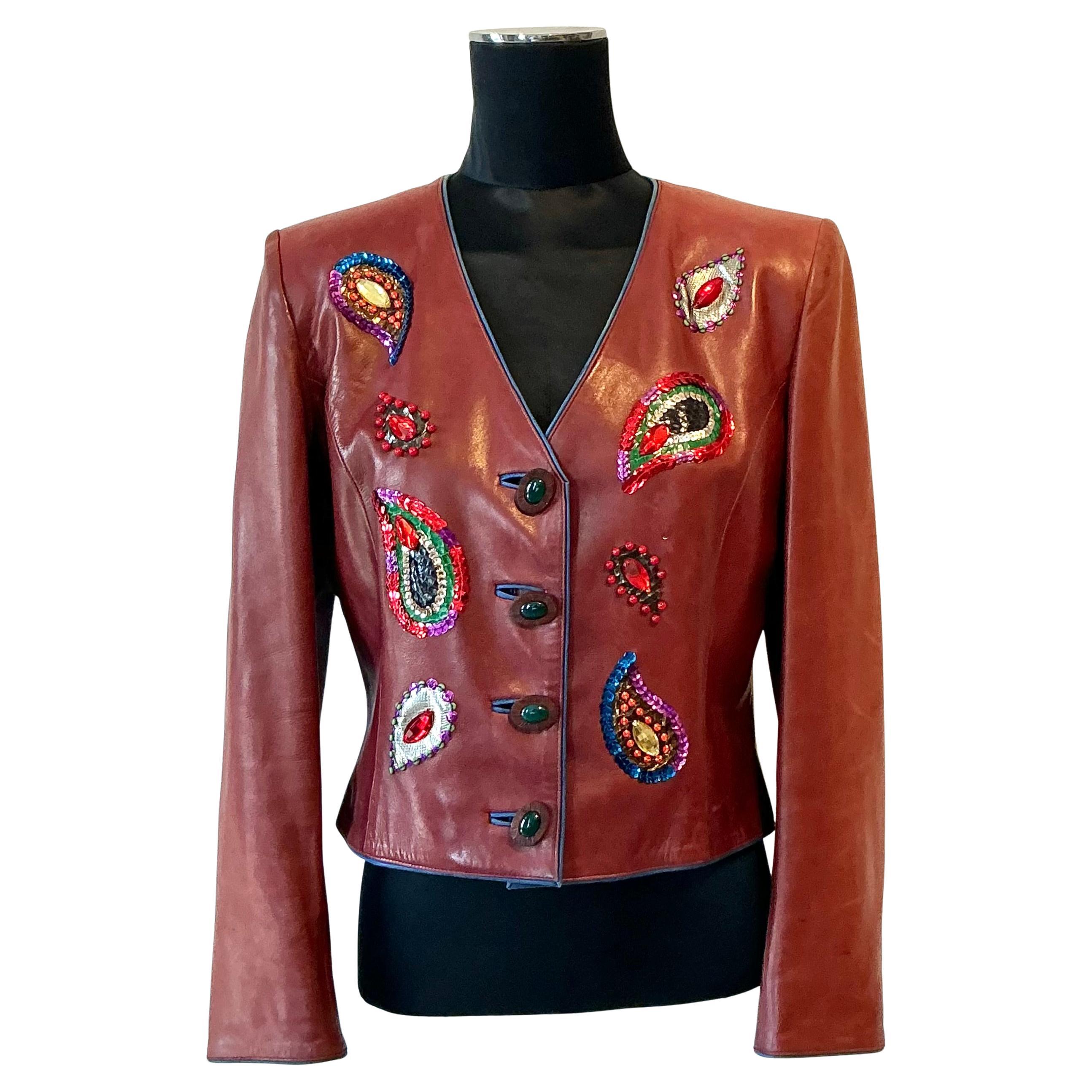 Vintage Yves Saint Laurent Rive Gauche Embellished Leather Jacket For Sale