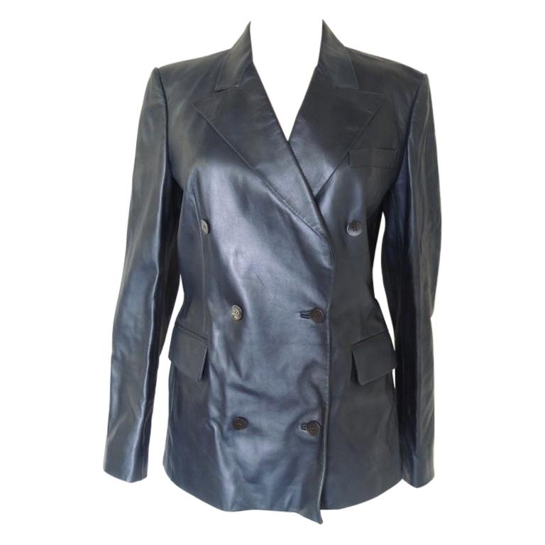 Veste blazer vintage Yves Saint Laurent Rive Gauche en cuir bleu métallisé en vente